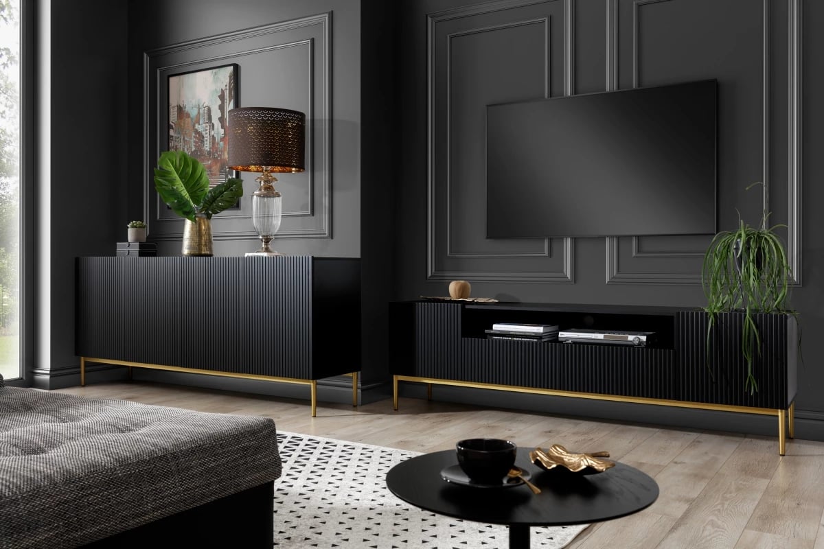 TV stolík Nicole 200 cm s otvorenou policou a zásuvkami - čierny mat / zlaté nohy TV skrinka 
