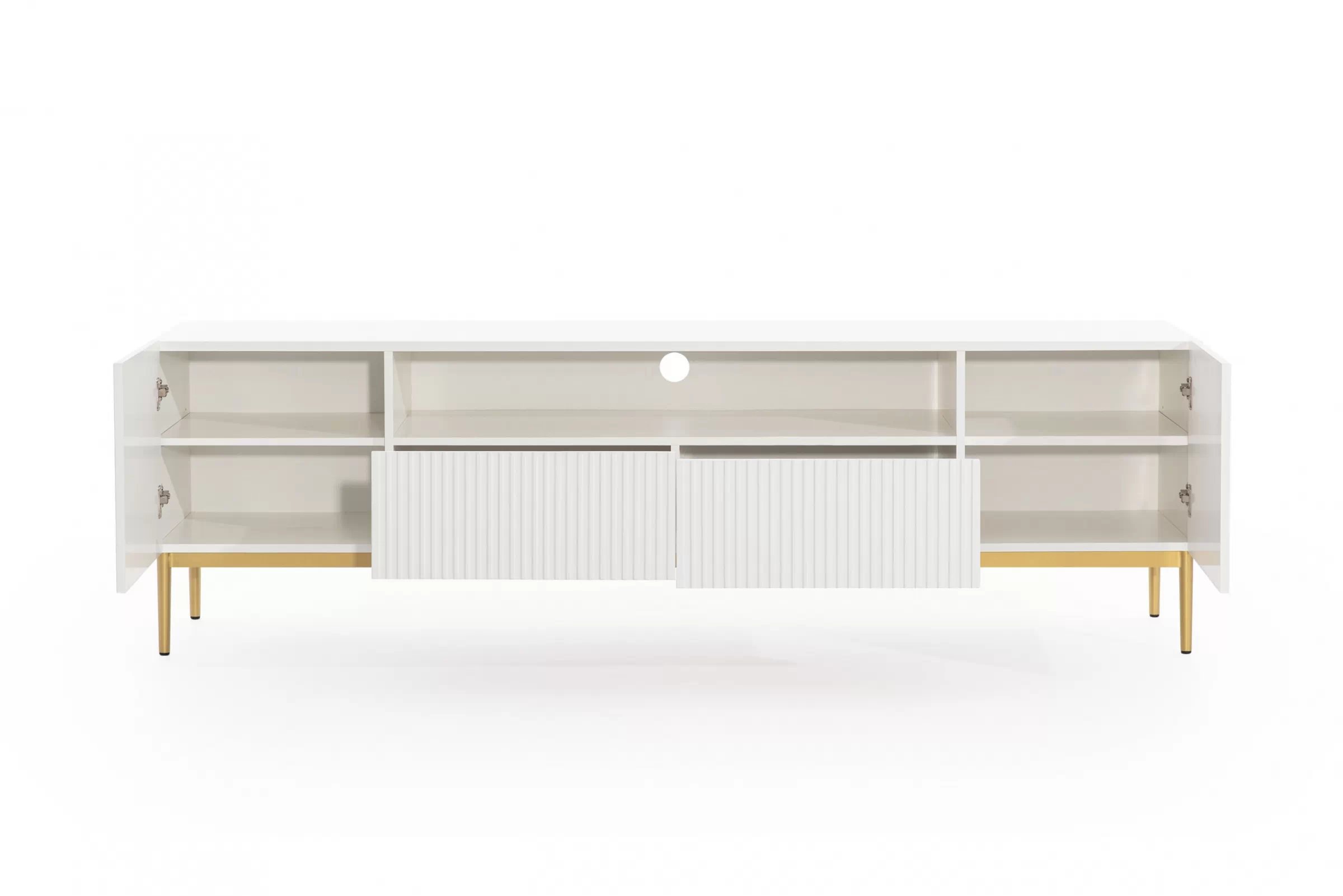TV stolík Nicole 200 cm s otvorenou policou a zásuvkami - biely mat / zlaté nohy TV skrinka Nicole 200 cm z wneka i zásuvkami - biely mat / zlote nozki