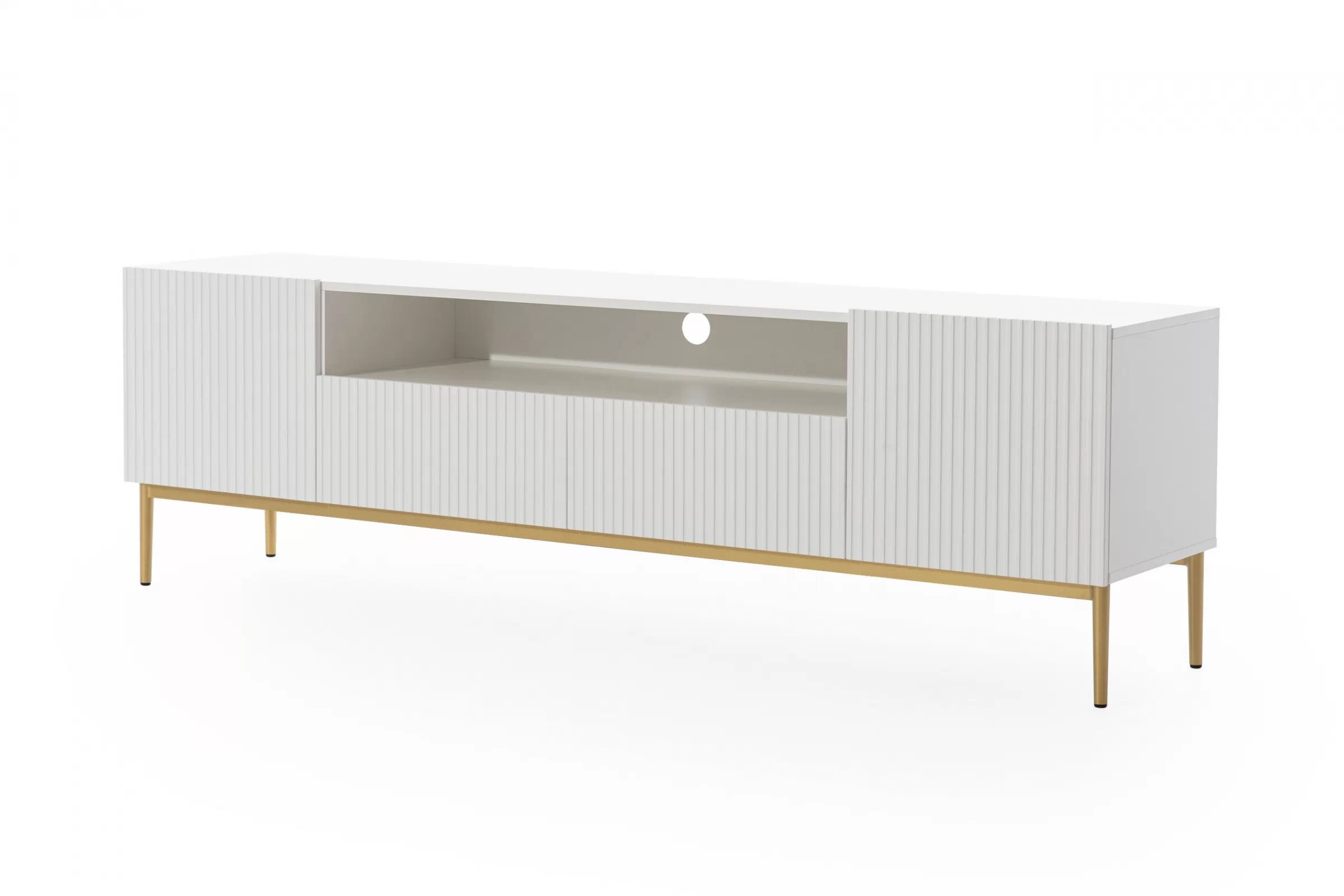 TV stolík Nicole 200 cm s otvorenou policou a zásuvkami - biely mat / zlaté nohy Szafka RTV Nicole 200 cm z wnęką i szufladami - biały mat / złote nóżki