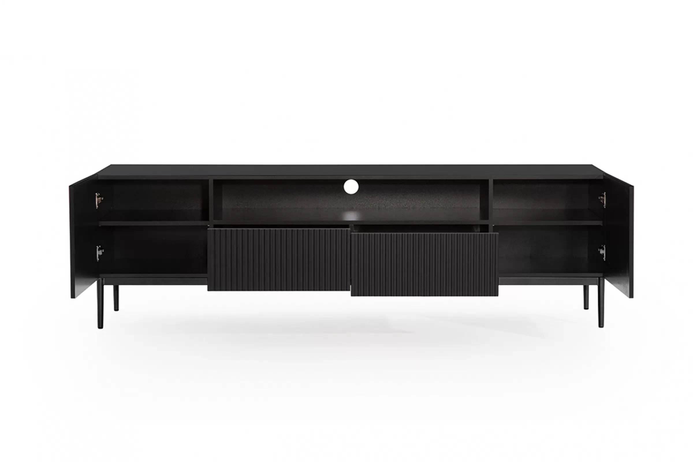 RTV skrinka Nicole 200 cm s výklenkom a zásuvkami - čierny mat / čierne nožičky TV skrinka Nicole 200 cm z wneka i zásuvkami - Čierny mat / čierny nozki