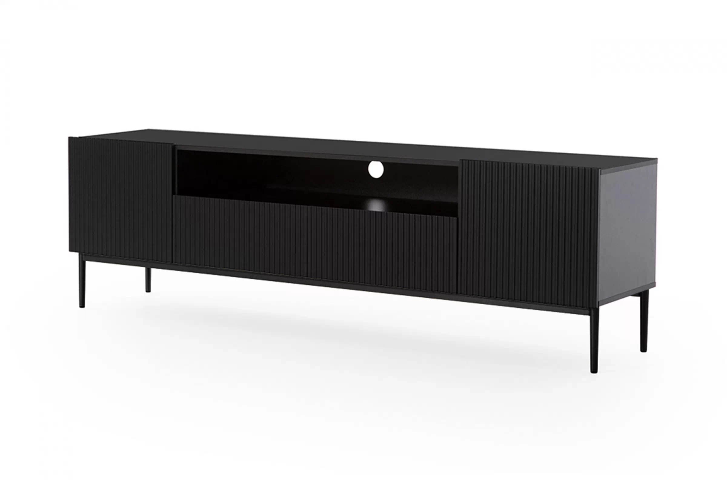 RTV skrinka Nicole 200 cm s výklenkom a zásuvkami - čierny mat / čierne nožičky TV skrinka Nicole 200 cm z wneka i zásuvkami - Čierny mat / čierny nozki
