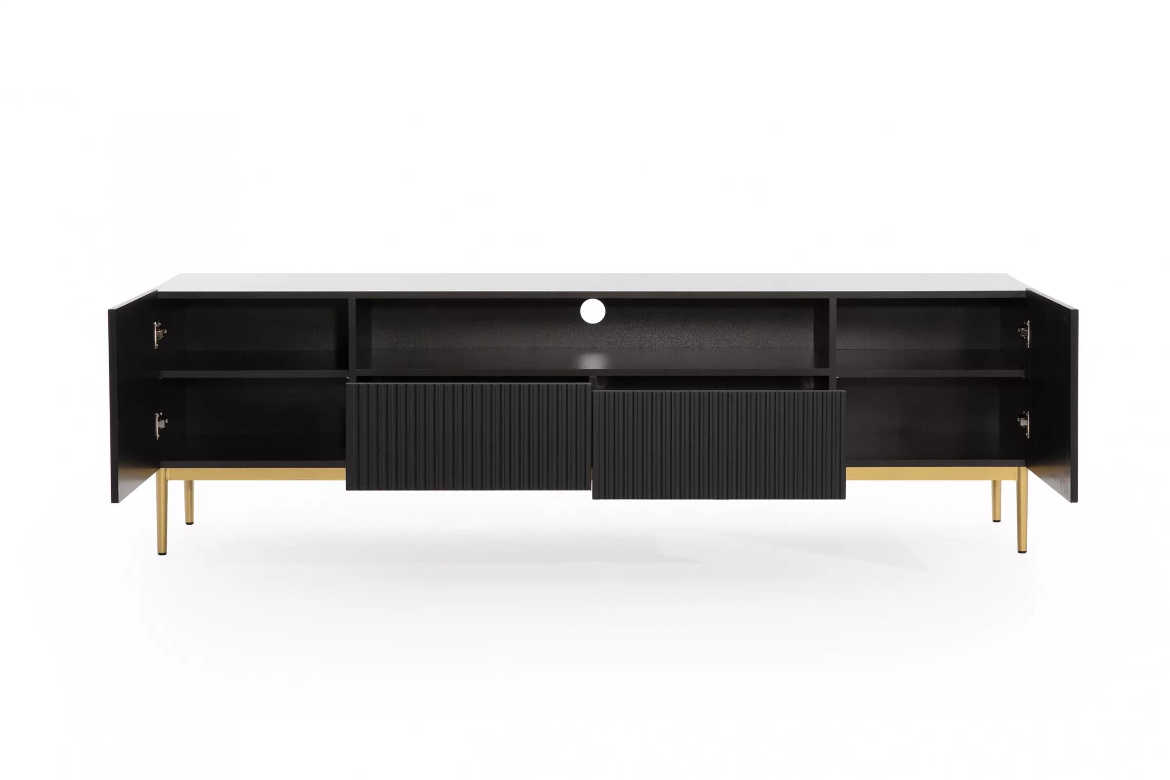 TV stolík Nicole 200 cm s otvorenou policou a zásuvkami - čierny mat / zlaté nohy TV skrinka Nicole 200 cm z wneka i zásuvkami - Čierny mat / zlote nozki