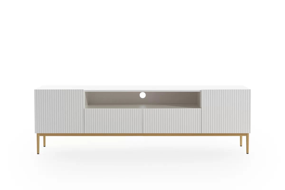 TV stolík Nicole 200 cm s otvorenou policou a zásuvkami - biely mat / zlaté nohy TV skrinka Nicole z wneka na kovových nohách 200 cm - biely mat / zlote nozki