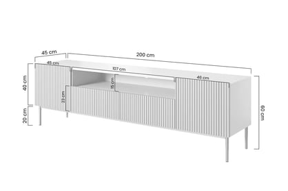 TV stolek Nicole 200 cm - bílý mat / zlaté nožky Skříňka RTV Nicole z wneka na kovových nohách 200 cm - bílý mat / zlaté nozki