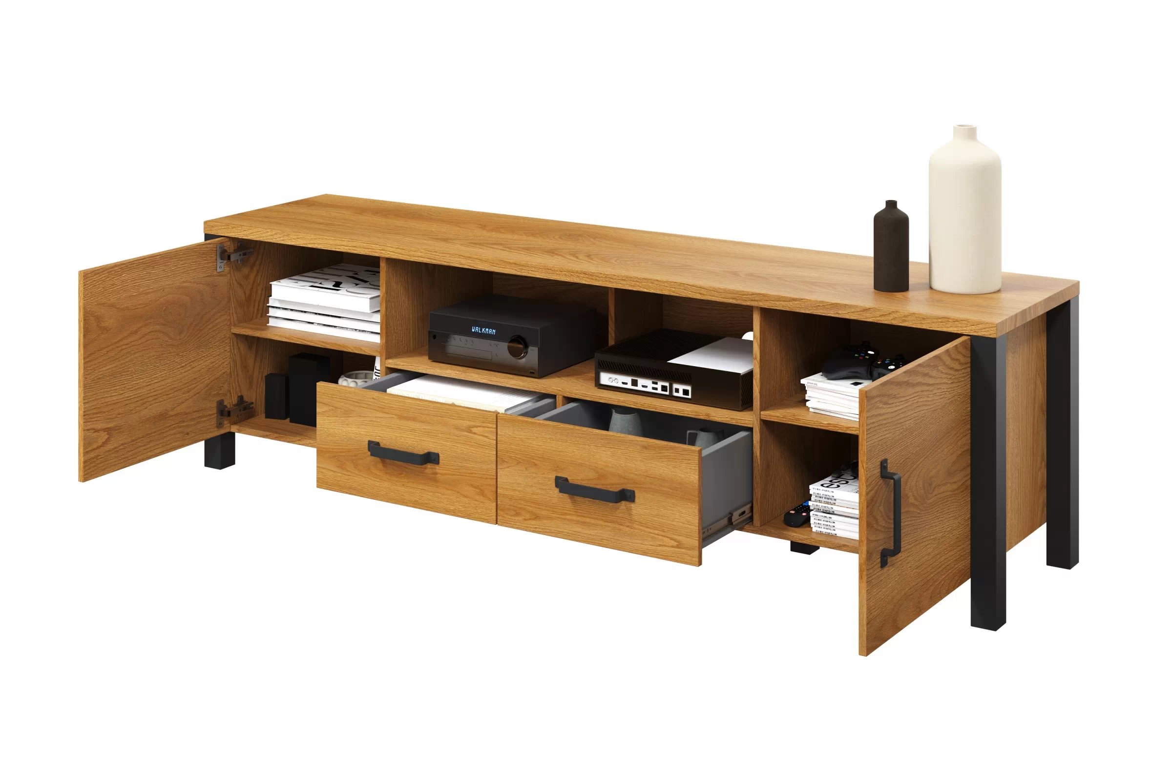 TV skrinka Olin 40 192 cm so zásuvkami - Dub karmel / Čierny supermat - ponuka Limitowana TV skrinka Olin 40 192 cm so zásuvkami - Dub karmel / Čierny supermat