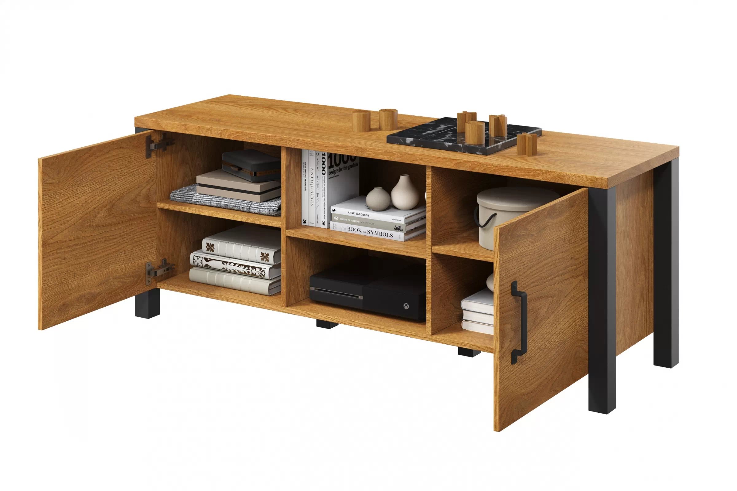 TV skrinka Olin 41 147 cm z wnekami - Dub karmel / Čierny supermat - ponuka Limitowana TV skrinka Olin 41 147 cm z wnekami - Dub karmel / Čierny supermat