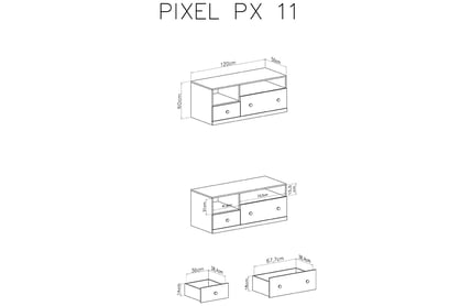 TV skříňka Pixel 11 - dub piškotový / bílý lux / šedá TV skříňka Pixel 11 - dub piškotový/Bílý lux/šedý - Rozměry