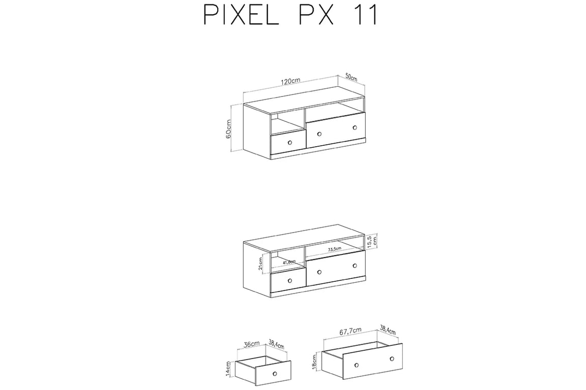 TV skříňka Pixel 11 - dub piškotový / bílý lux / šedá TV skříňka Pixel 11 - dub piškotový/Bílý lux/šedý - Rozměry