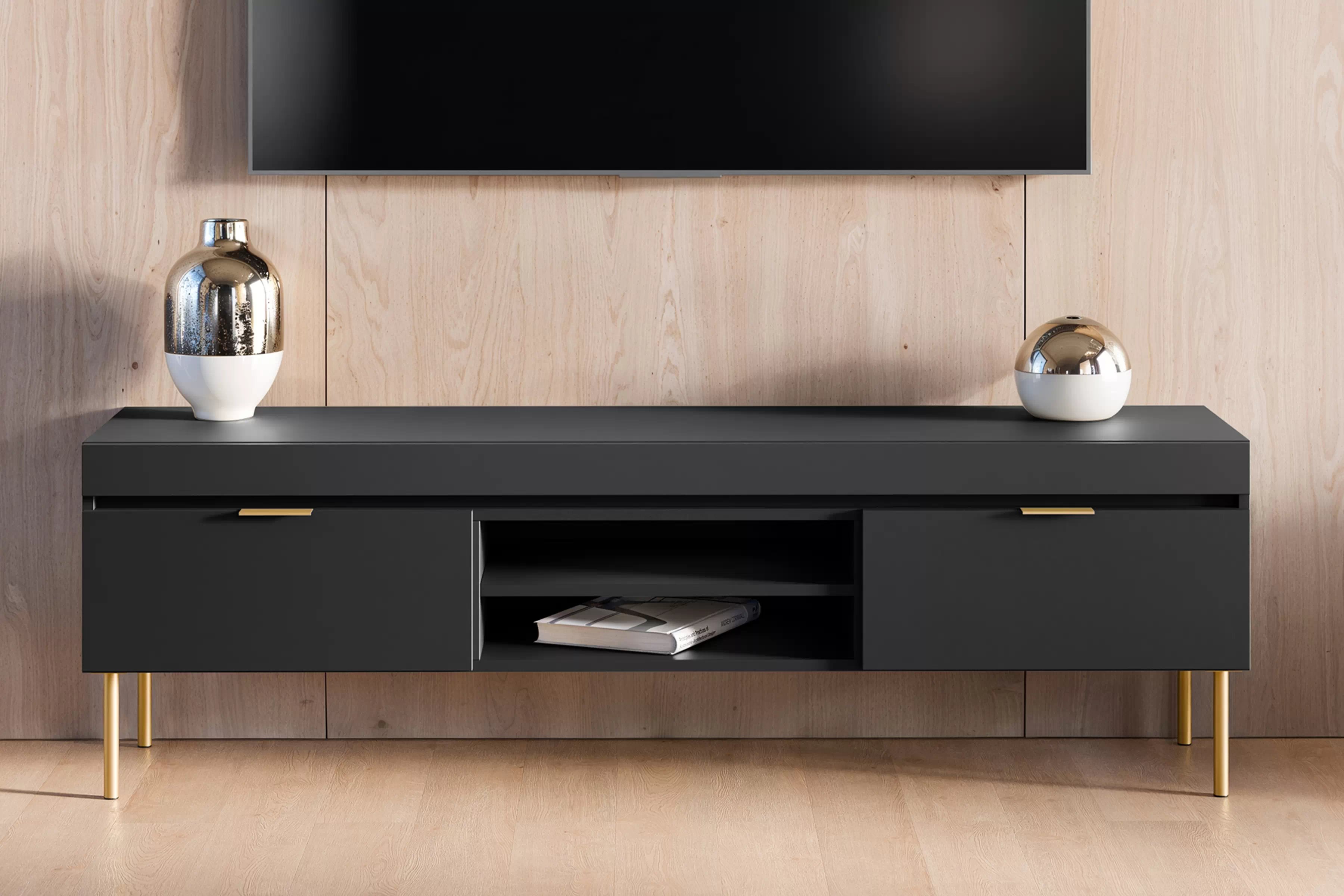 TV stolek Sentia 157 cm - černý / zlatý skříňka RTV Sentia 157 na kovových nohách - černá / zlatá 