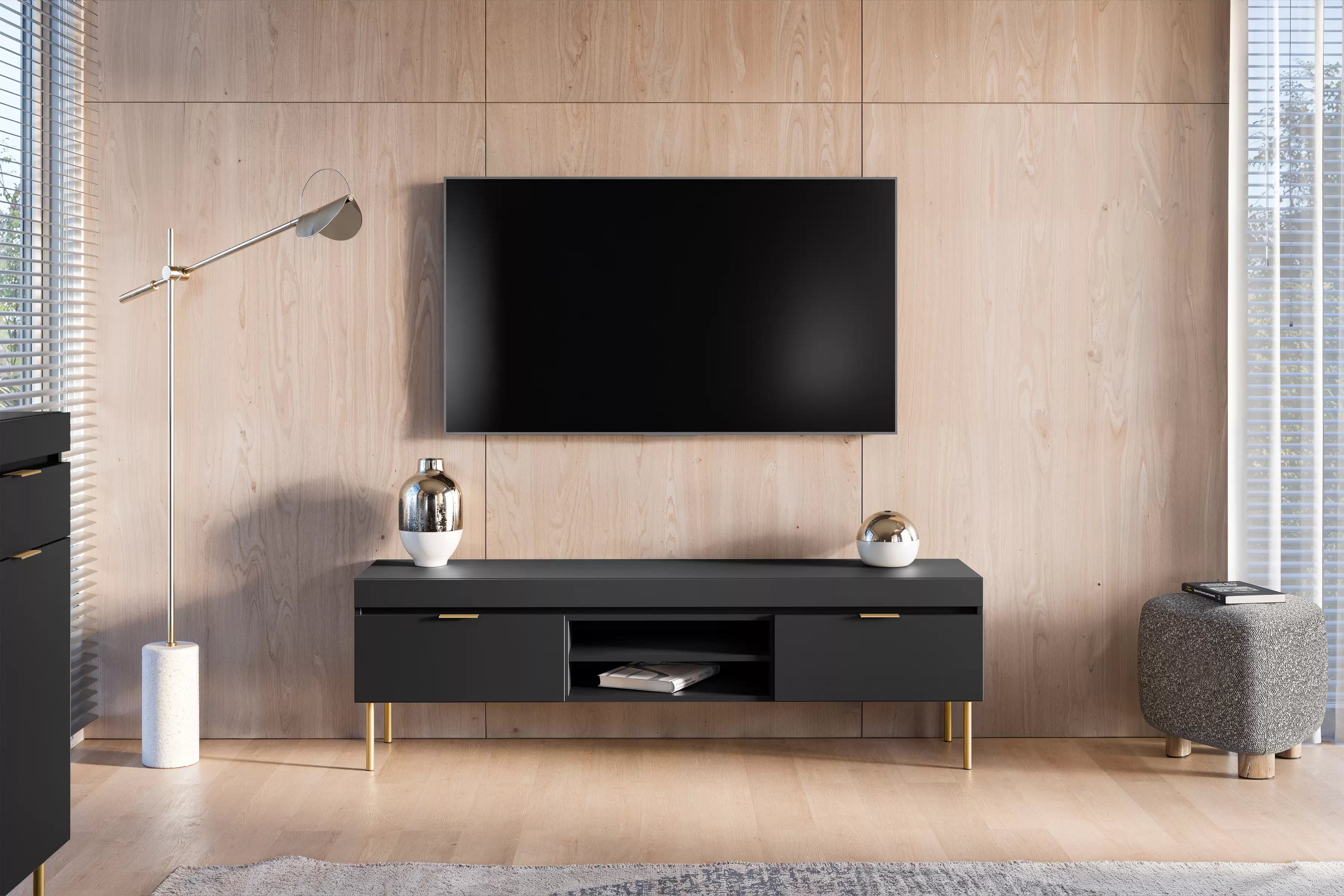 TV stolek Sentia 157 cm - černý / zlatý skříňka RTV Sentia 157 na kovových nohách - černá / zlatá 