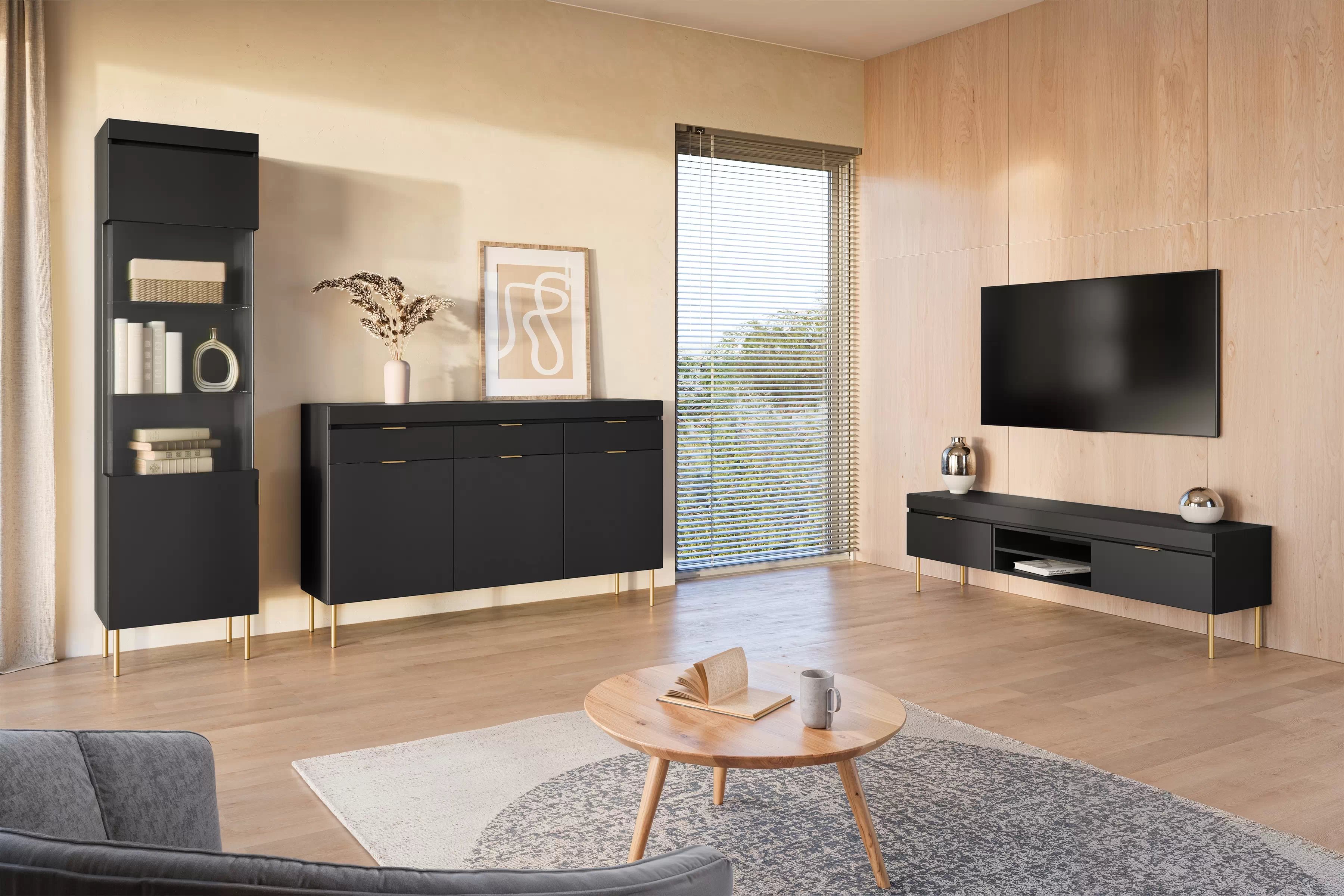 TV stolek Sentia 157 cm - černý / zlatý skříňka RTV Sentia 157 na kovových nohách - černá / zlatá 