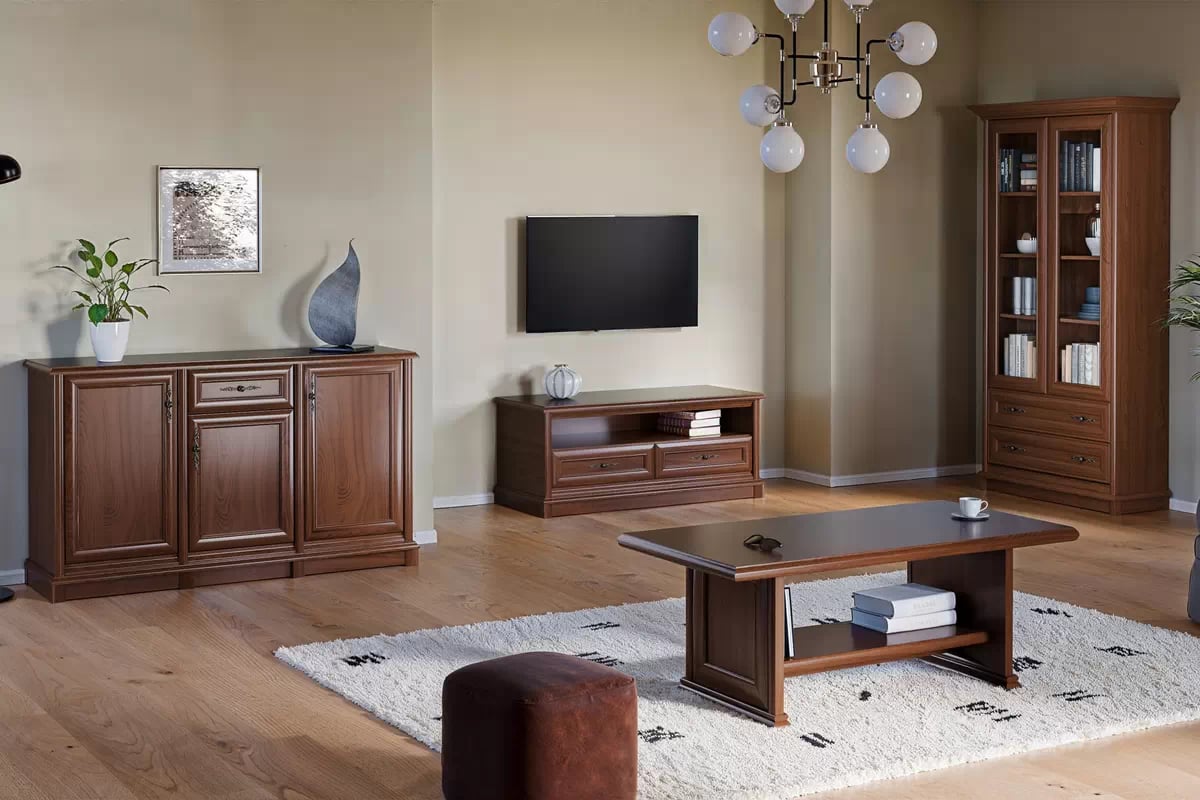 TV stolík Sonata 130 cm - gaštan TV skrinka Sonata so zásuvkami i wneka 130 cm - gaštan szlachetny