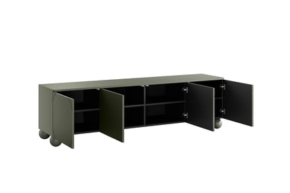 RTV skrinka Sonatia II 200 cm so štyrmi dverami na guľatých nohách - olivová TV skrinka Sonatia II 200 cm štvordverová na nogach kulach - Oliva