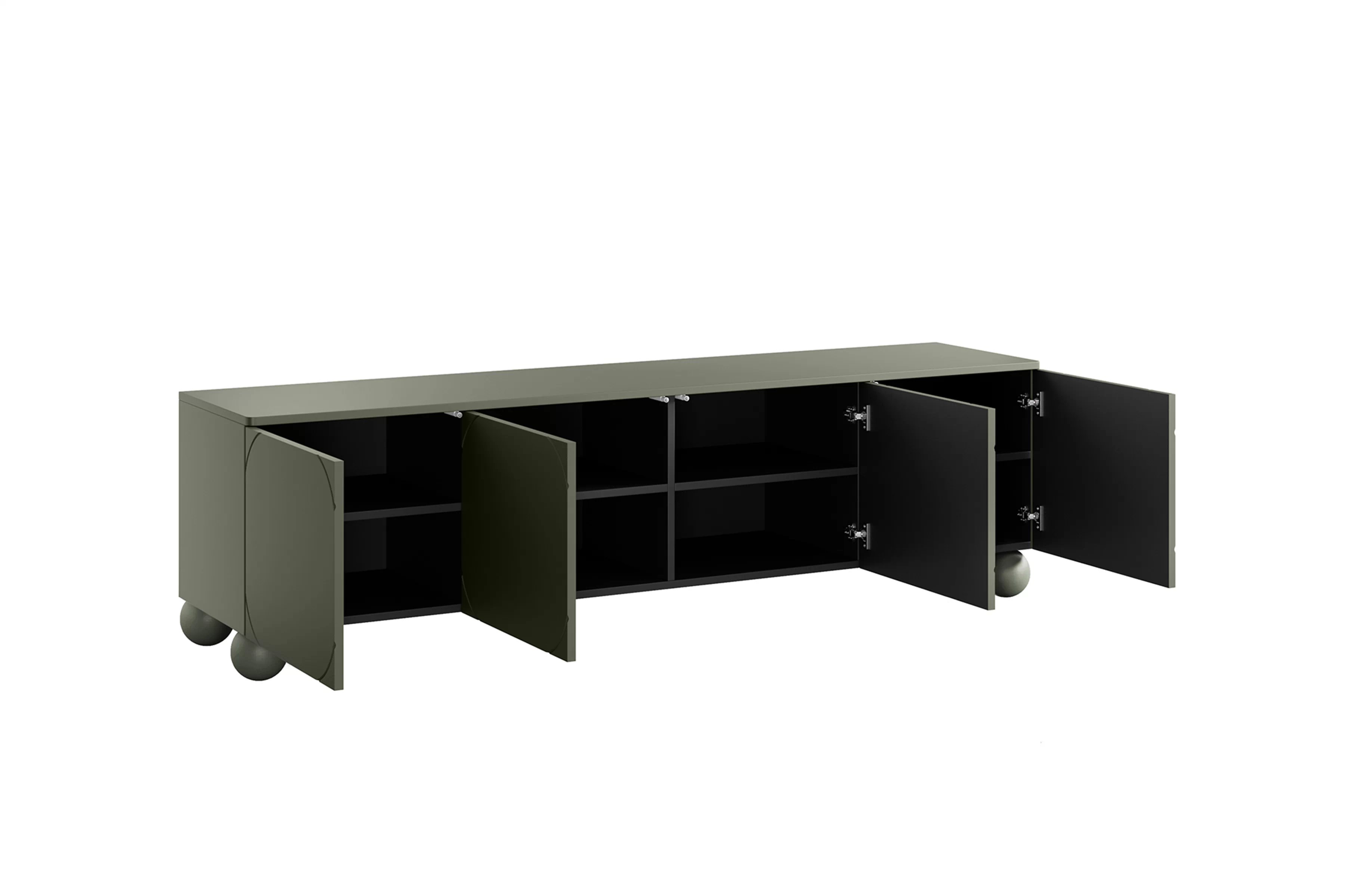 RTV skrinka Sonatia II 200 cm so štyrmi dverami na guľatých nohách - olivová TV skrinka Sonatia II 200 cm štvordverová na nogach kulach - Oliva