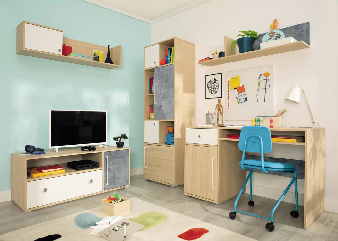 Step ST8 TV szekrény 120 cm fiókkal - bézs tölgy / fényes fehér / beton szürke TV-szekrény Step ST8 120 cm mlodziezowa z szuflada szivacsos tölgy / fehér lux / beton
