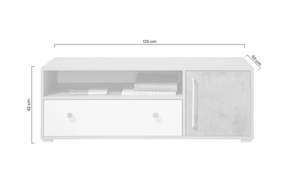 Step ST8 TV szekrény 120 cm fiókkal - bézs tölgy / fényes fehér / beton szürke TV-szekrény Step ST8 120 cm mlodziezowa z szuflada szivacsos tölgy / fehér lux / beton