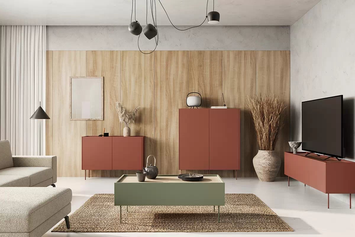 TV skrinka Desin 170 cm s kovovými nohami - keramická červená / dub nagano TV skrinka trojdverová Desin 170 cm - ceramic red / Dub nagano - vizualizácia 3