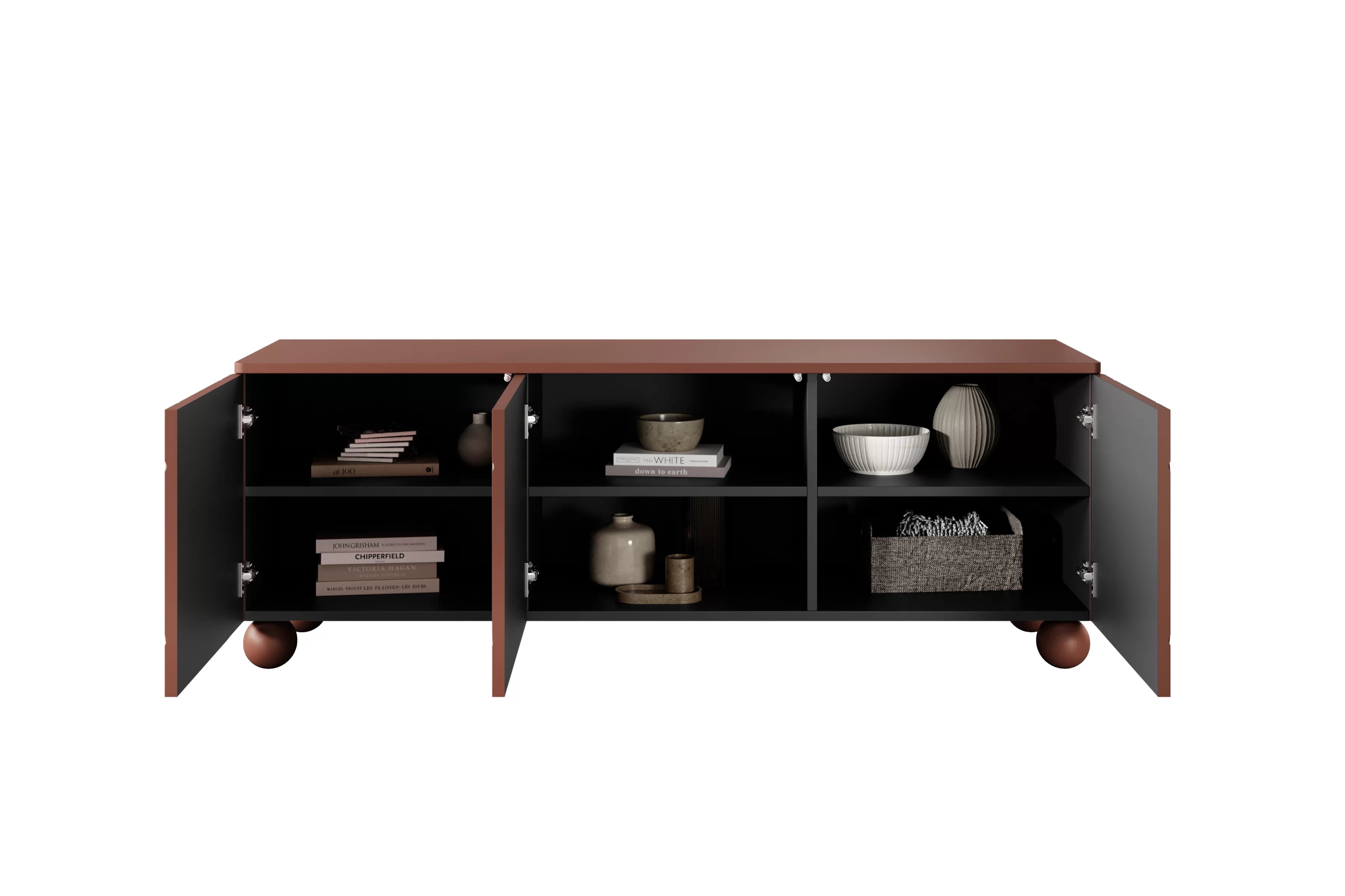 RTV skrinka s tromi dverami Sonatia II 150 cm na guľových nohách - burgund TV skrinka trojdverová Sonatia II na nogach kulach 150 cm - burgund