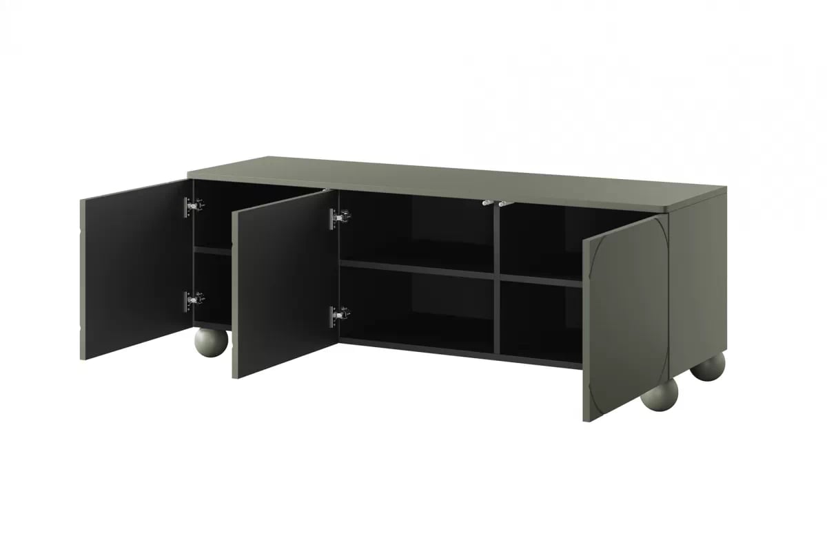 TV stolek Sonatia II 150 cm na kulovitých nožkách - olivový skříňka rtv z policemi