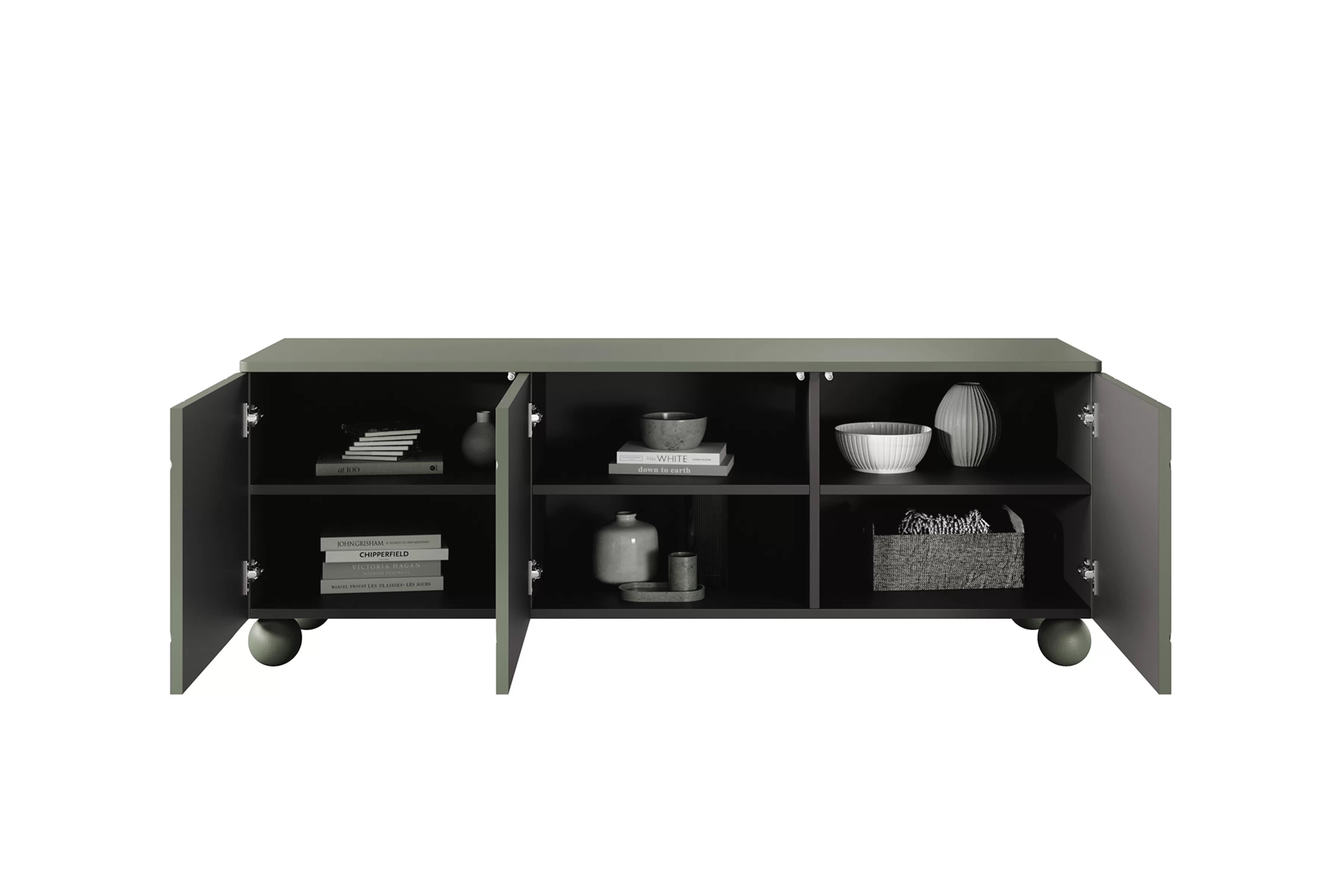 RTV skrinka trojdverová Sonatia II 15 cm na guľatých nohách - olivová TV skrinka trojdverová Sonatia II na nogach kulach 150 cm - Oliva