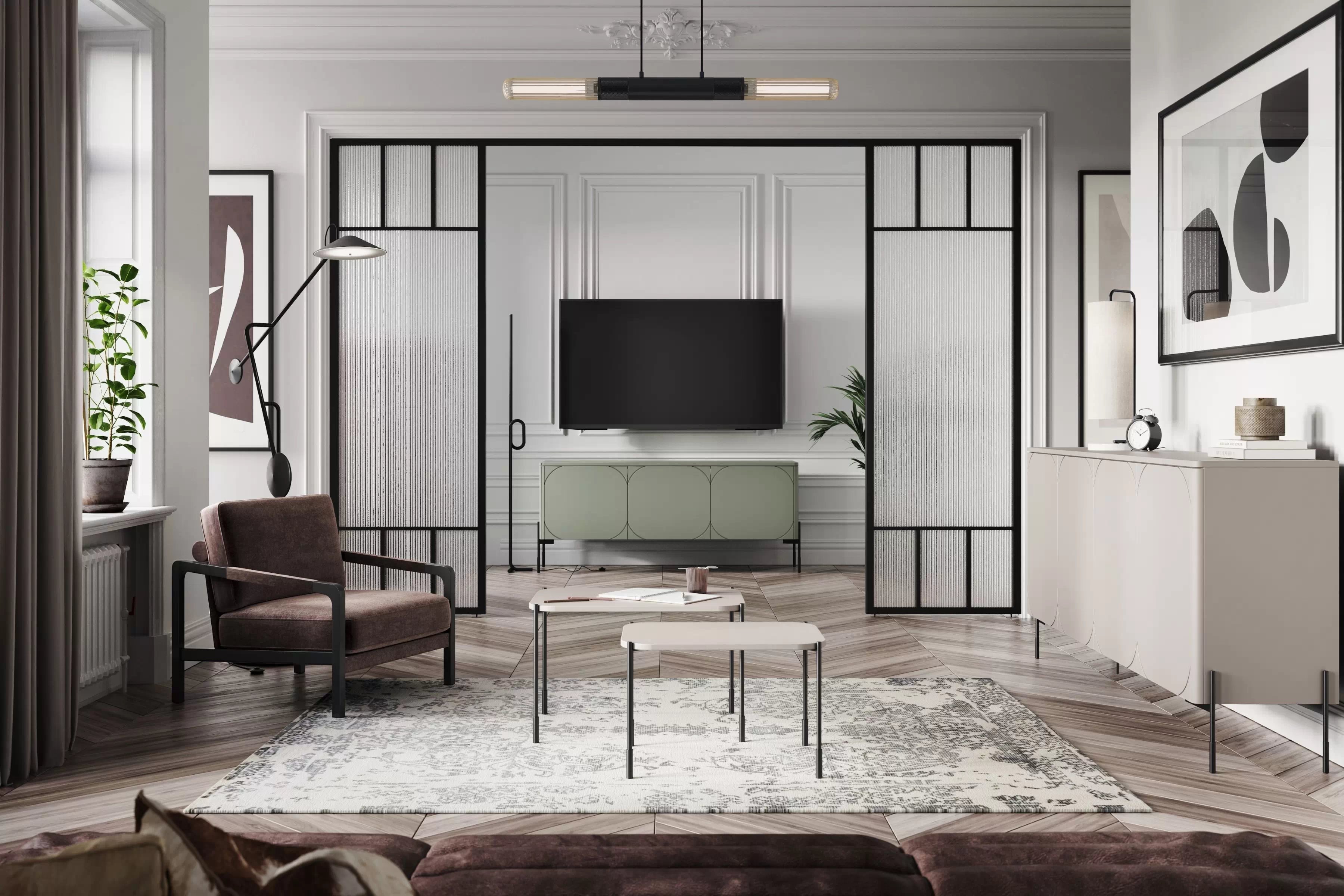 TV stolek třídveřový Sonatia na kovových nohách 150 cm - olivová skříňka RTV třídveřová Sonatia na kovových nohách 150 cm - olivová