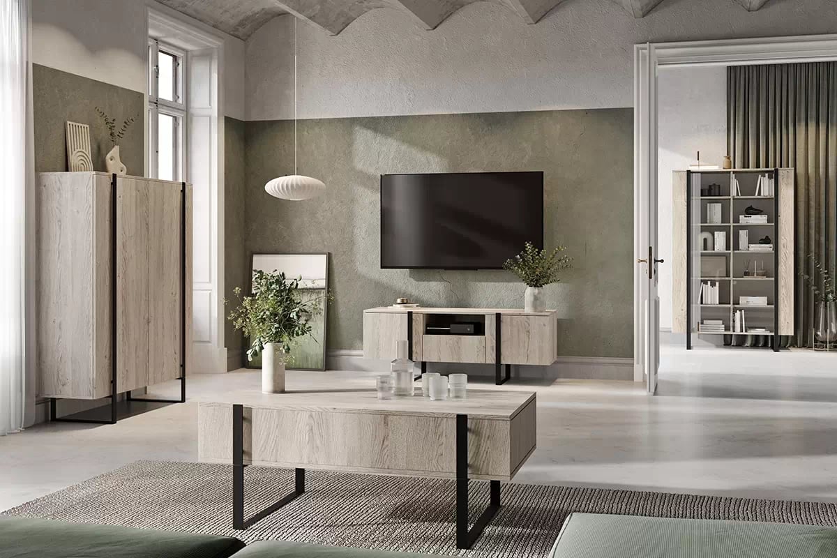 TV stolík Verica s otvorenou policou 150 cm - dub piškótový / čierne nožičky TV skrinka Verica 150 cm s výklenkom - dub piškótový / čierne nožičky - vizualizácia