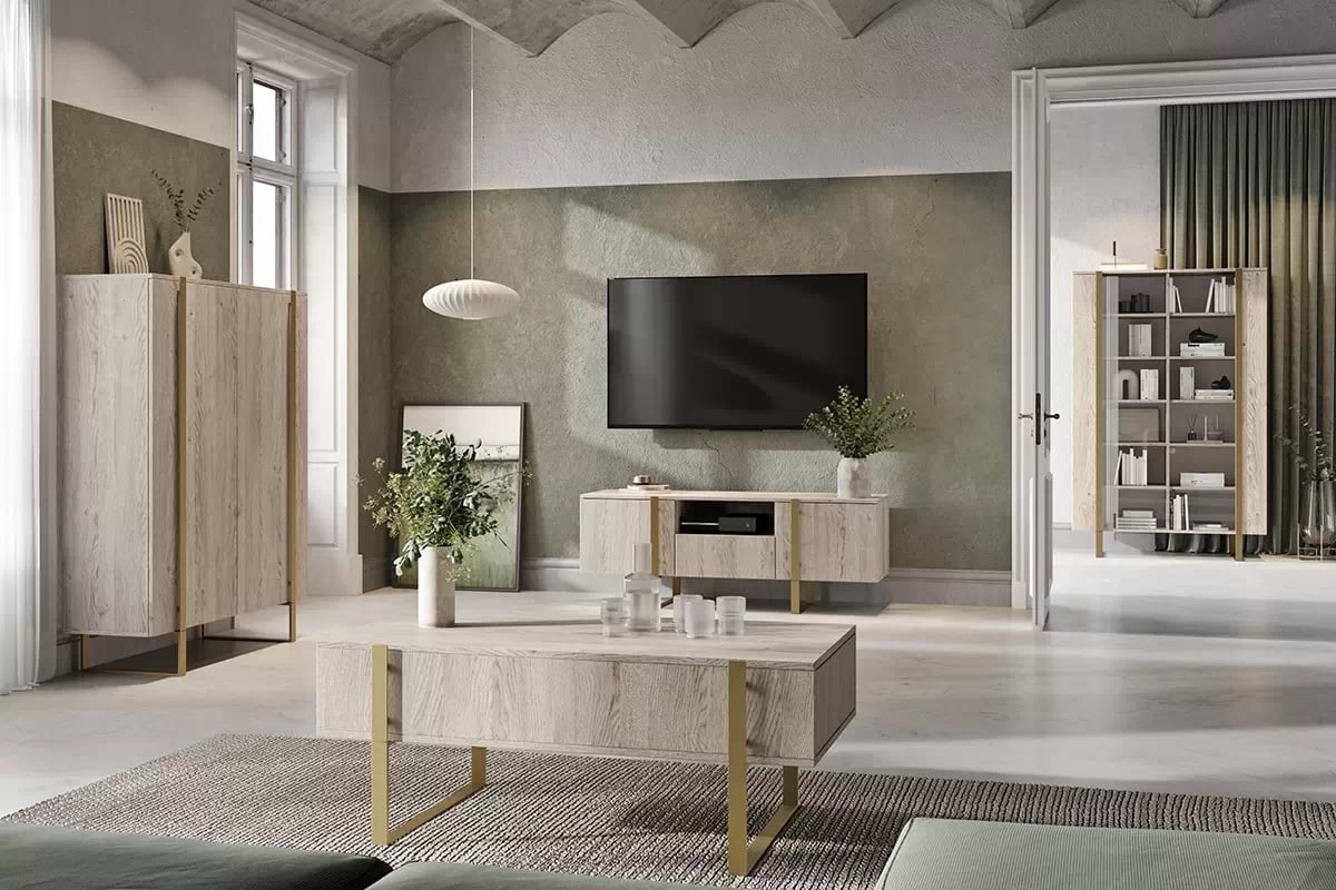 TV stolek Verica 150 cm - dub piškotový / zlaté nožky TV skříňka Verica 150 cm s výklenkem - dub piškotový / zlaté nožky - aranzacja 1