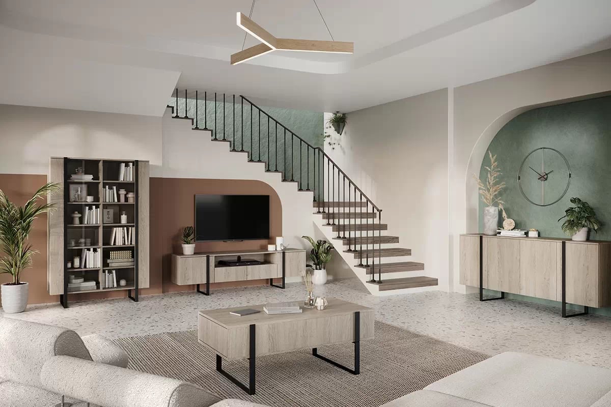 TV stolík Verica s otvorenou policou 200 cm - dub piškótový / čierne nožičky TV skrinka Verica TV skrinka Nicole 200 cm s výklenkom - dub piškótový / čierne nožičky - vizualizácia