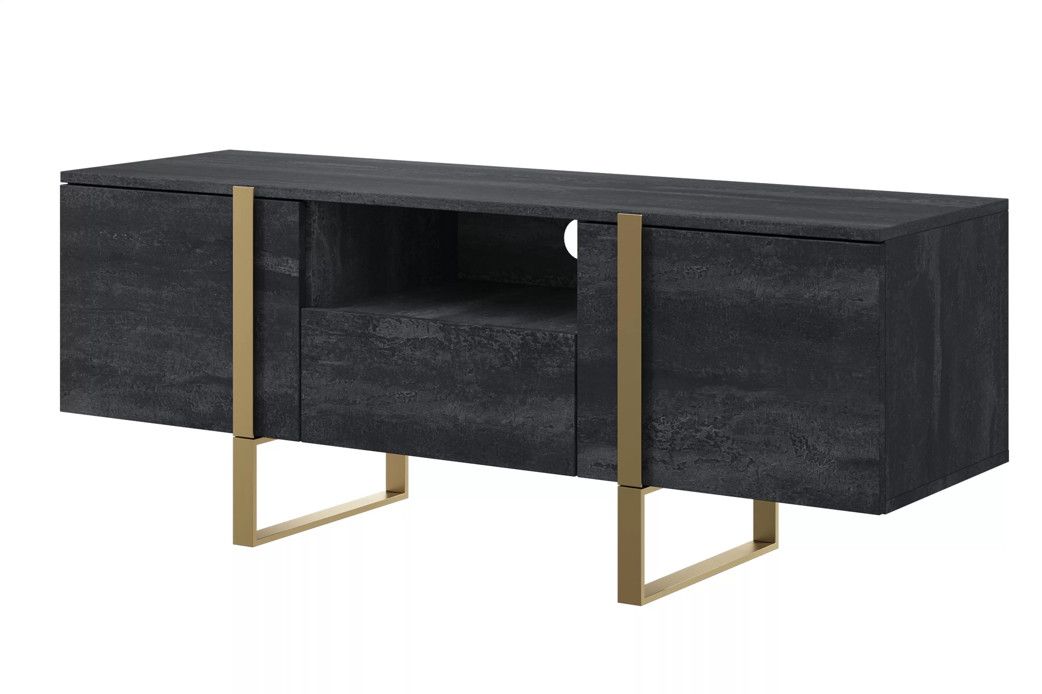 TV stolek Verica 150 cm - černý beton / zlaté nohy skříňka RTV Verica z szuflada, wneka i metalowymi nogami 150 cm - černá beton / zlote nozki