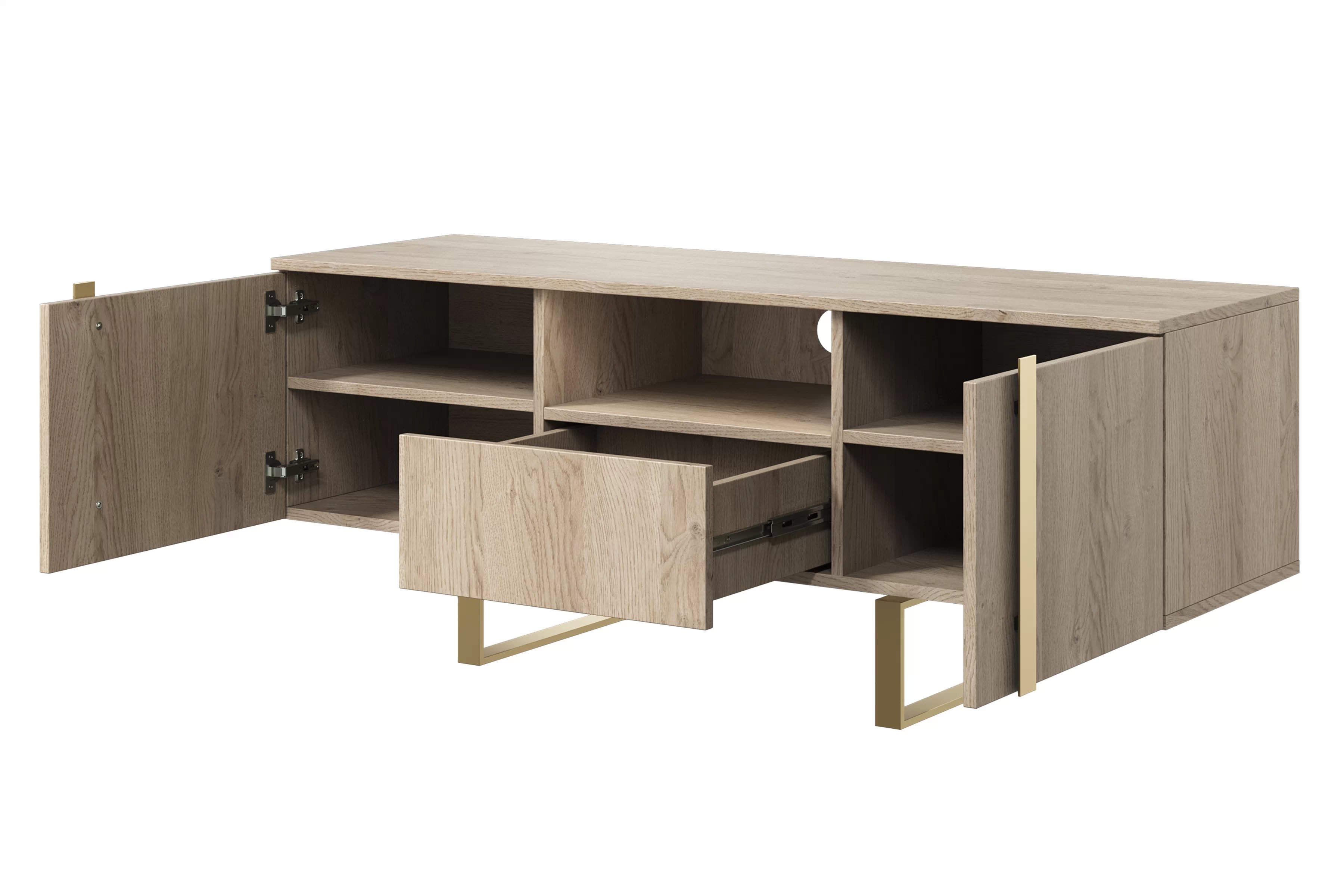 TV stolek Verica 150 cm - dub piškotový / zlaté nožky skříňka RTV Verica z szuflada, wneka i metalowymi nogami 150 cm - dub biszkoptowy / zlote nozki