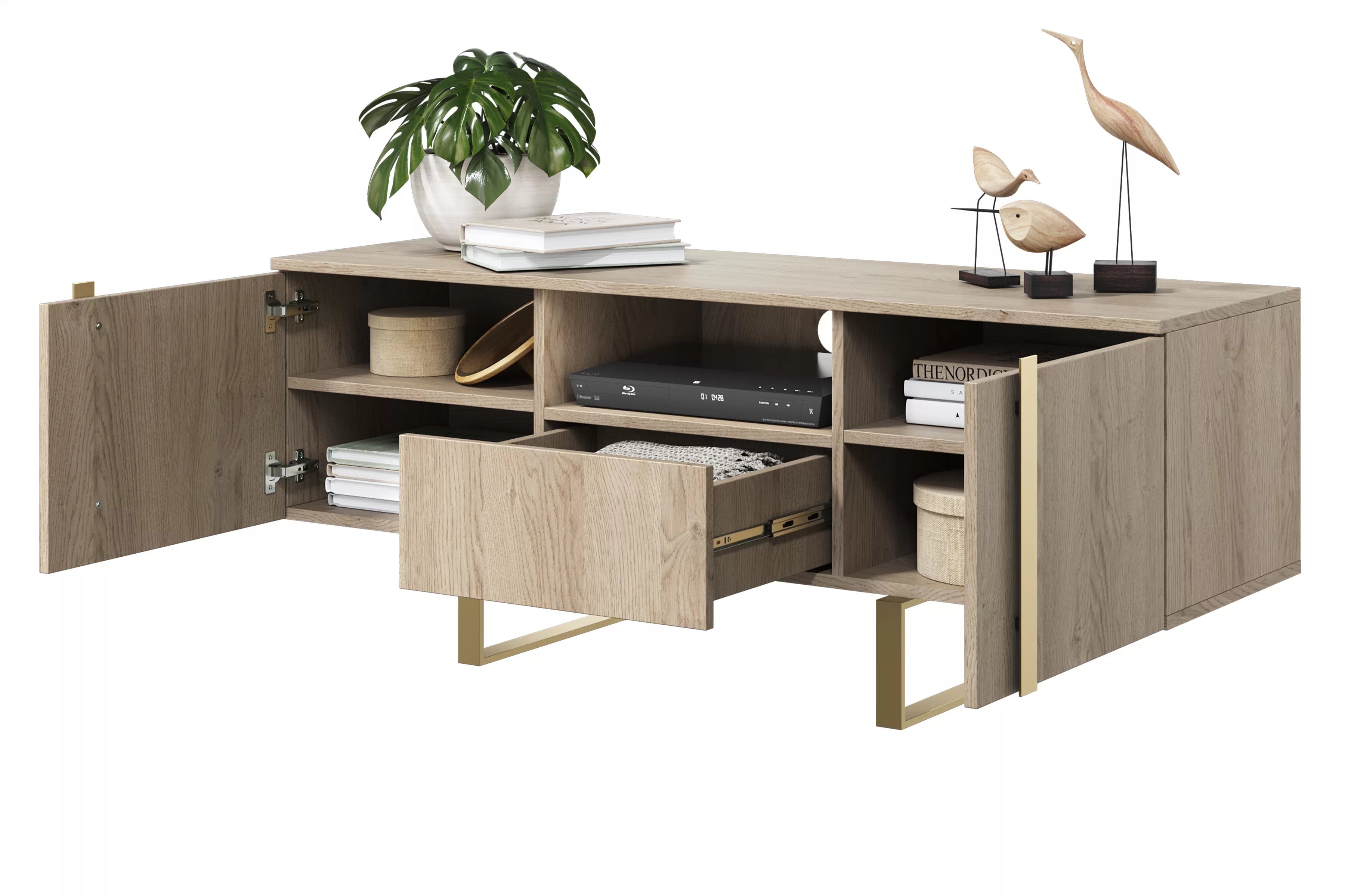 TV stolek Verica 150 cm - dub piškotový / zlaté nožky skříňka RTV Verica z szuflada, wneka i metalowymi nogami 150 cm - dub biszkoptowy / zlote nozki