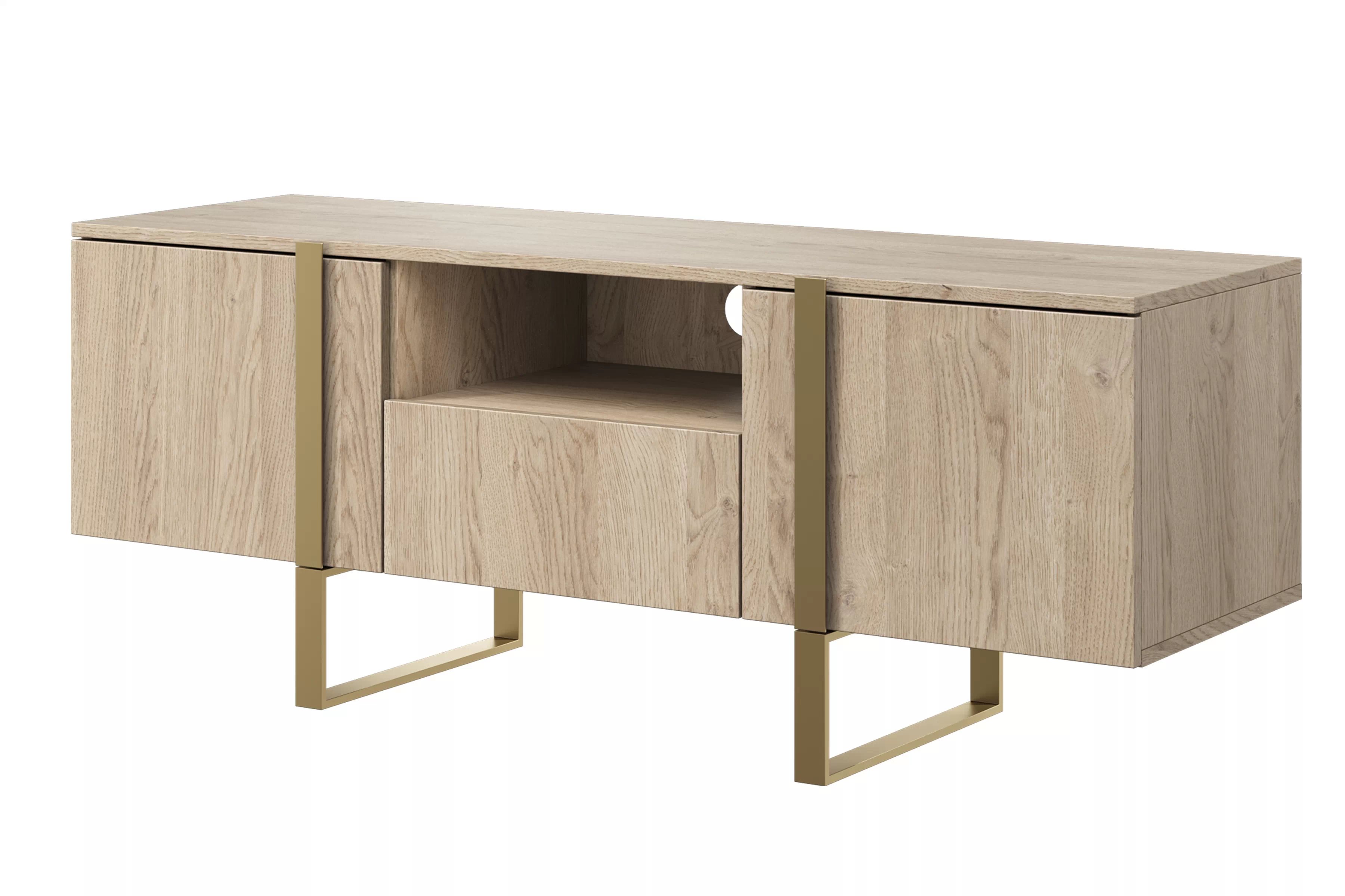 TV stolek Verica 150 cm - dub piškotový / zlaté nožky skříňka RTV Verica z szuflada, wneka i metalowymi nogami 150 cm - dub biszkoptowy / zlote nozki