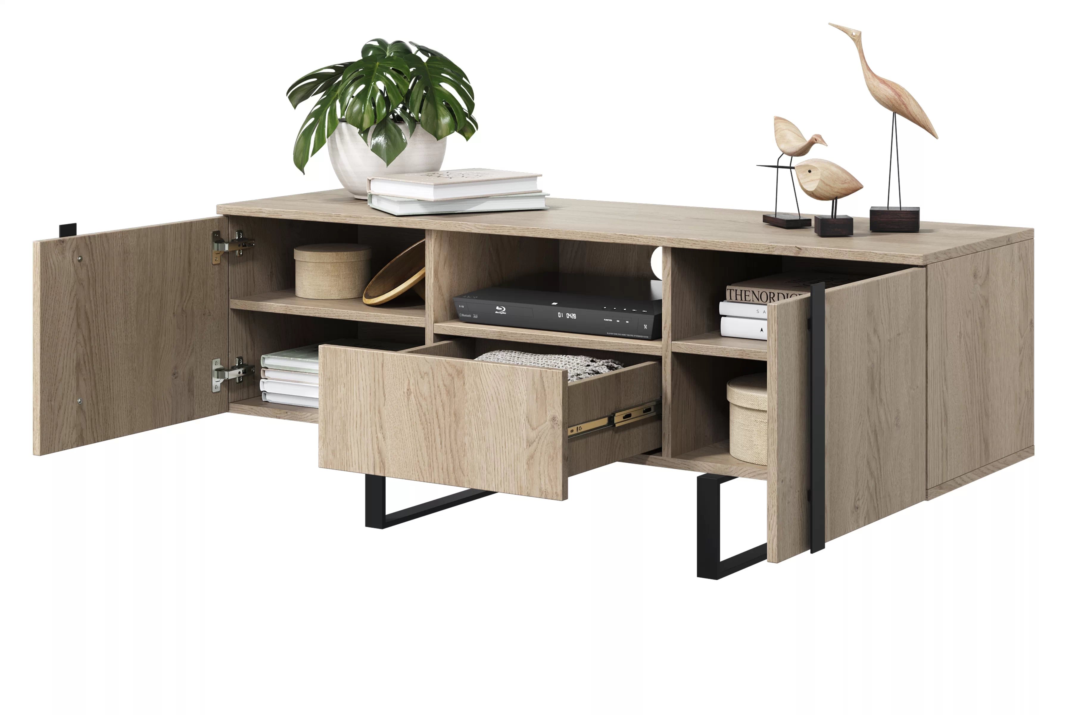 TV stolík Verica s otvorenou policou 150 cm - dub piškótový / čierne nožičky TV skrinka Verica z wneka i szuflada 150 cm - Dub biszkoptowy / čierny nozki