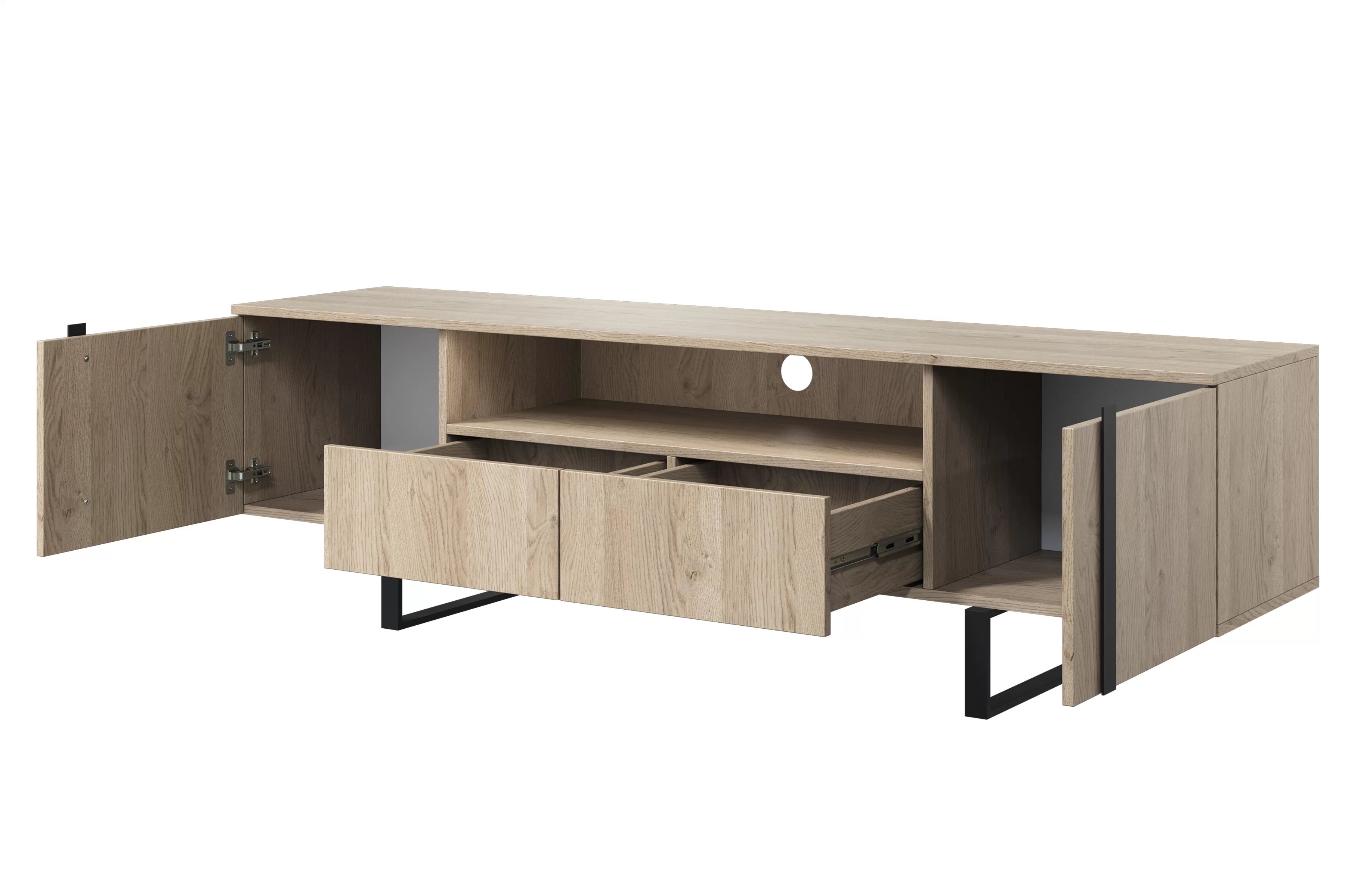 TV stolík Verica s otvorenou policou 200 cm - dub piškótový / čierne nožičky TV skrinka Verica z wneka i zásuvkami na kovových nohách 200 cm - Dub biszkoptowy / čierny nozki