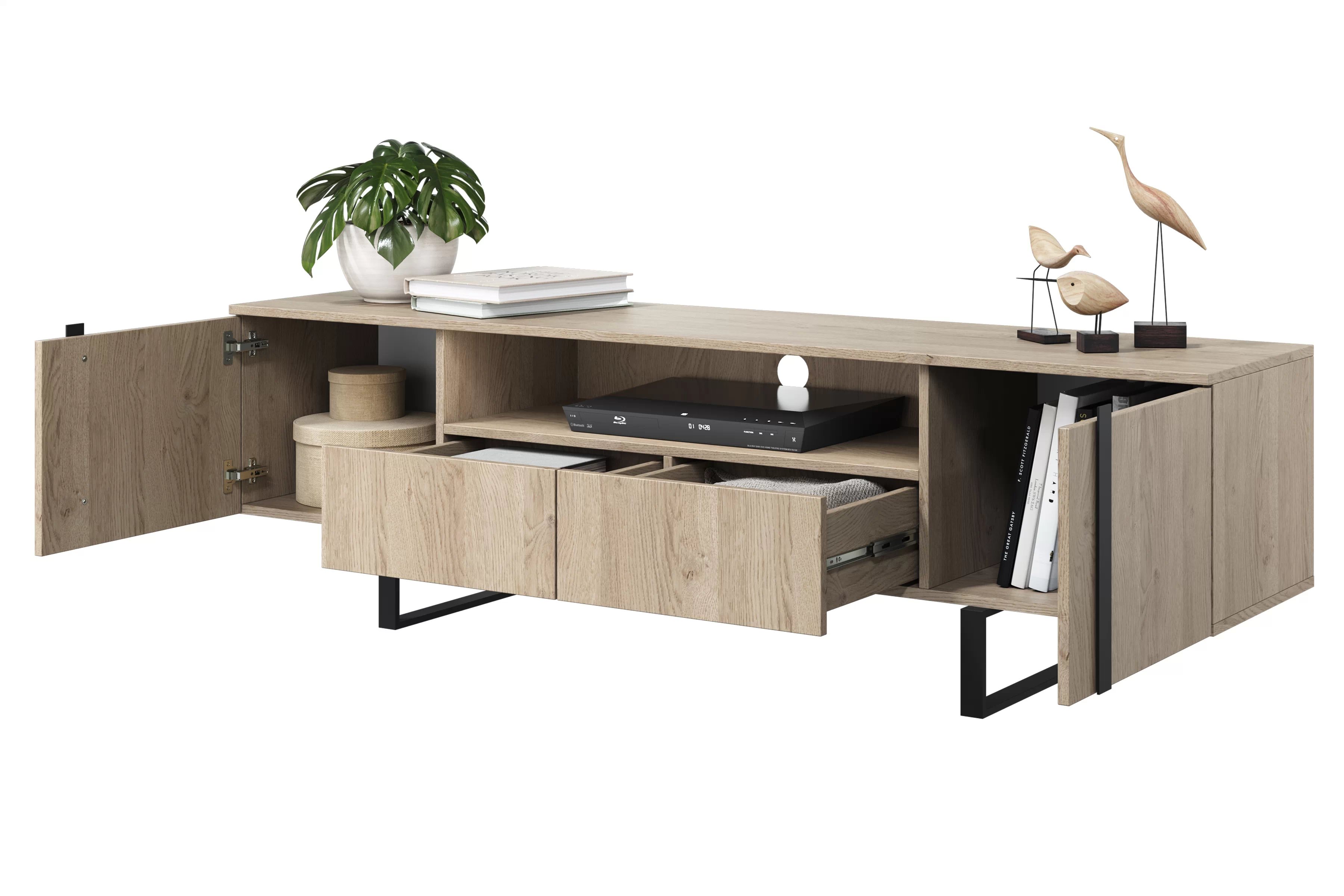 TV stolík Verica s otvorenou policou 200 cm - dub piškótový / čierne nožičky TV skrinka Verica z wneka i zásuvkami na kovových nohách 200 cm - Dub biszkoptowy / čierny nozki