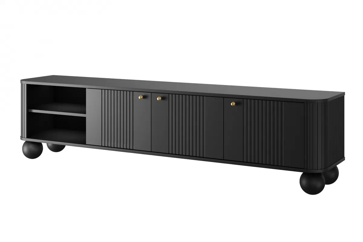 TV stolek Vesper 3D 187 cm - černý / zlaté úchytky / kulaté černé nožky Skříňka RTV Vesper 187 cm - černá / zlaté Úchytky