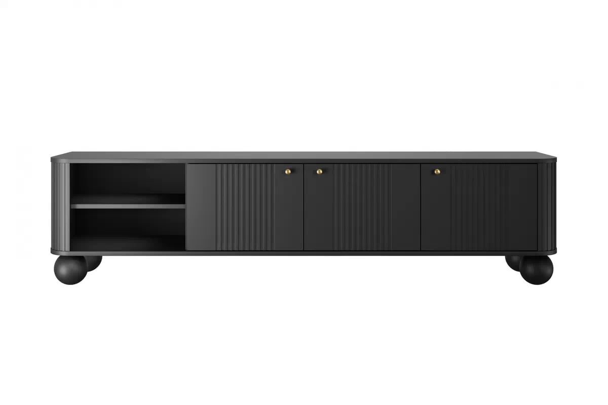 TV stolek Vesper 3D 187 cm - černý / zlaté úchytky / kulaté černé nožky Skříňka RTV Vesper 187 cm - černá / zlaté Úchytky