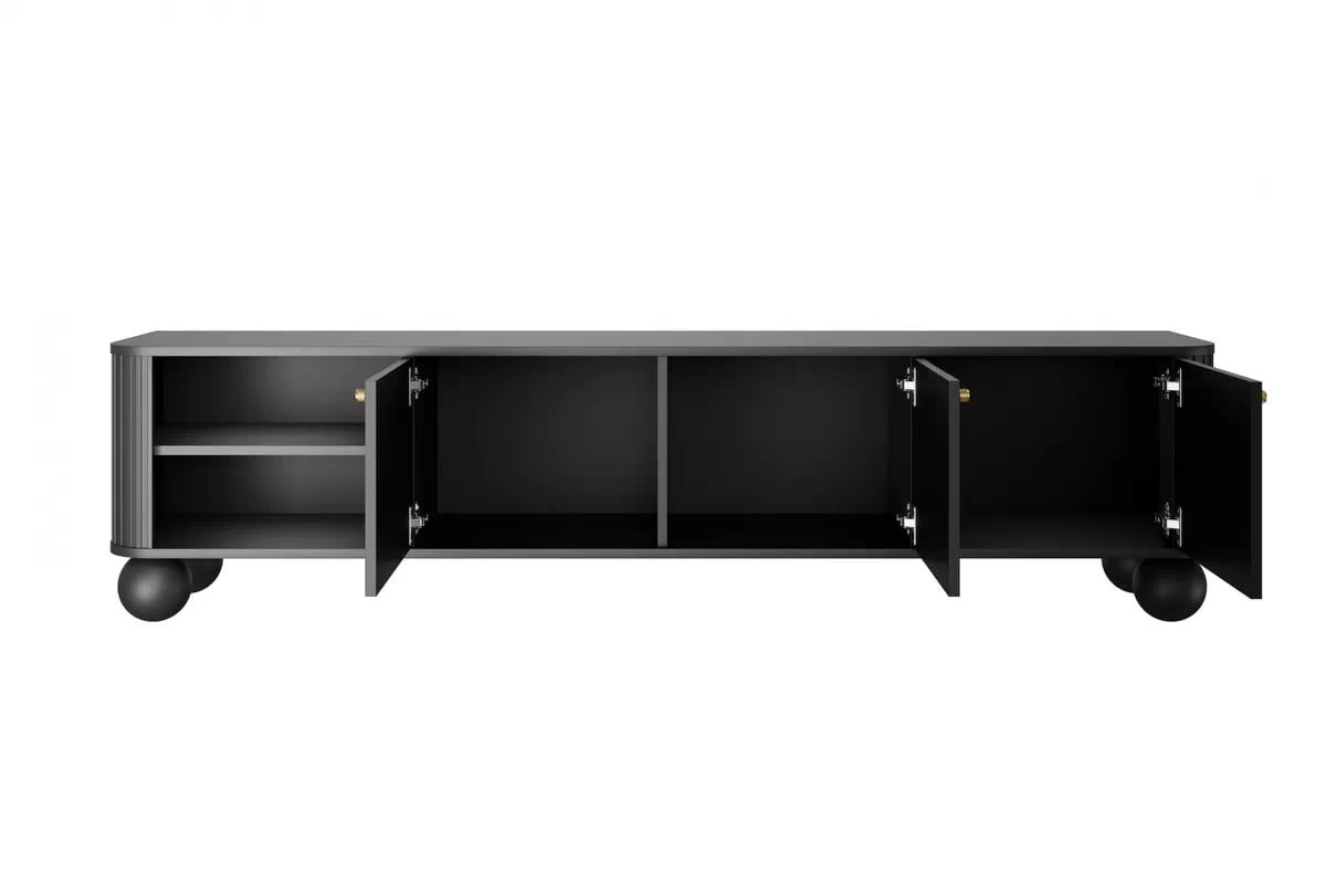 TV stolek Vesper 3D 187 cm - černý / zlaté úchytky / kulaté černé nožky Skříňka RTV Vesper 187 cm - černá / zlaté Úchytky