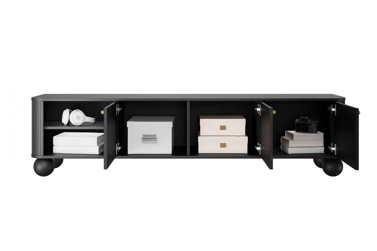 TV stolek Vesper 3D 187 cm - černý / zlaté úchytky / kulaté černé nožky Skříňka RTV Vesper 187 cm - černá / zlaté Úchytky