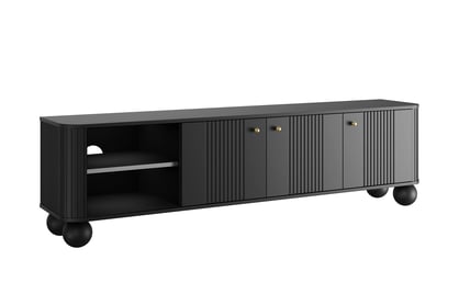 Černá třídvéřová TV skříňka Vesper 187 cm - zlaté úchyty / kulaté nohy