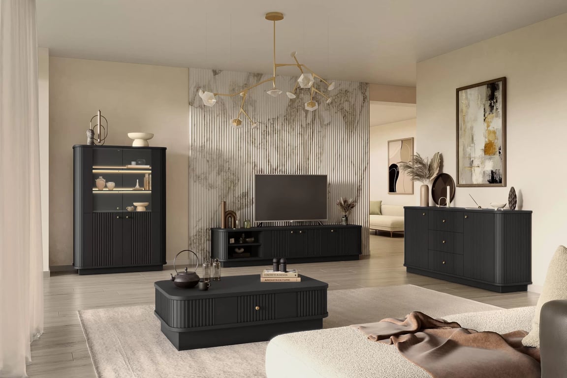 skříňka RTV Vesper 3D 187 cm - černá / zlote Úchytky skříňka RTV Vesper 3D 187 cm - černá / zlote Úchytky