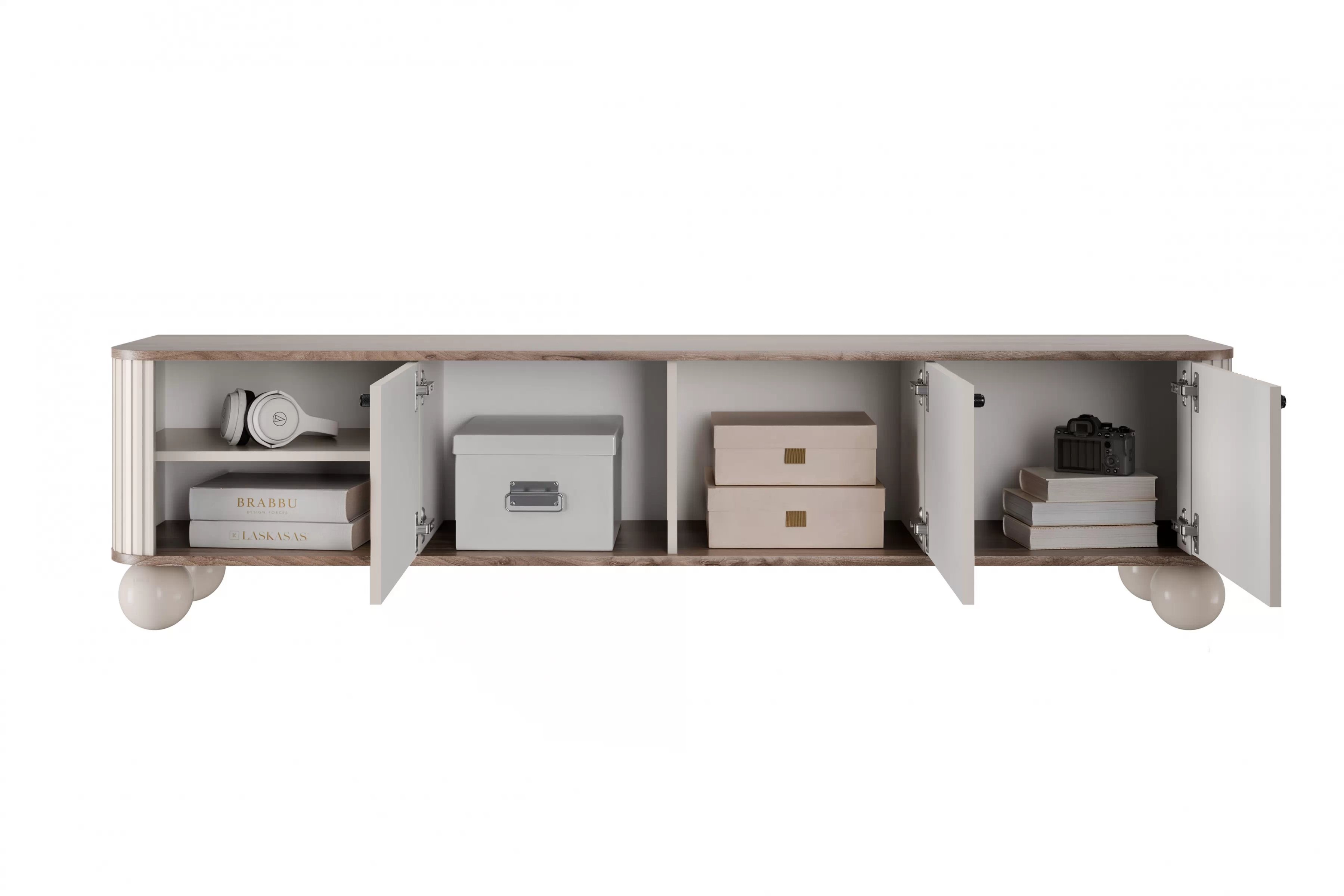 TV stolík Vespera 3D 187 cm - kašmírová / orech / čierna / kašmírové nohy TV skrinka Vesper 3D 187 cm - kašmír / Orech / čierny úchyty / nožičky kule