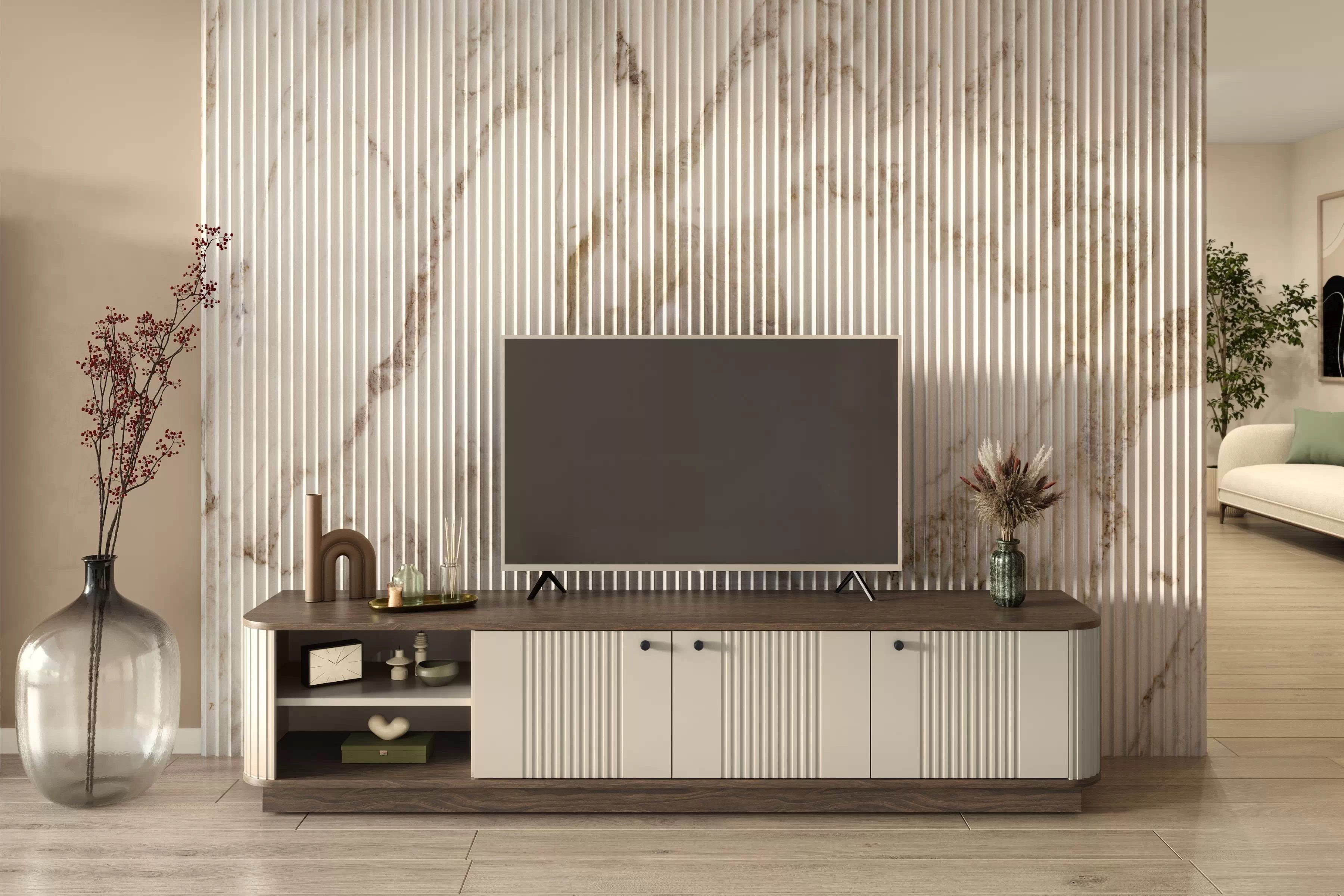 TV skrinka Vesper 3D 187 cm na sokli - kašmír / orech / čierne úchytky TV skrinka Vesper 3D 187 cm - kašmír / Orech / čierny úchyty