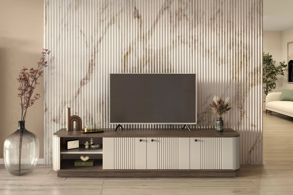 TV stolík Vesper 187 cm 3D - kašmír / orech / čierne úchyty TV skrinka Vesper 3D 187 cm - kašmír / Orech / čierny úchyty