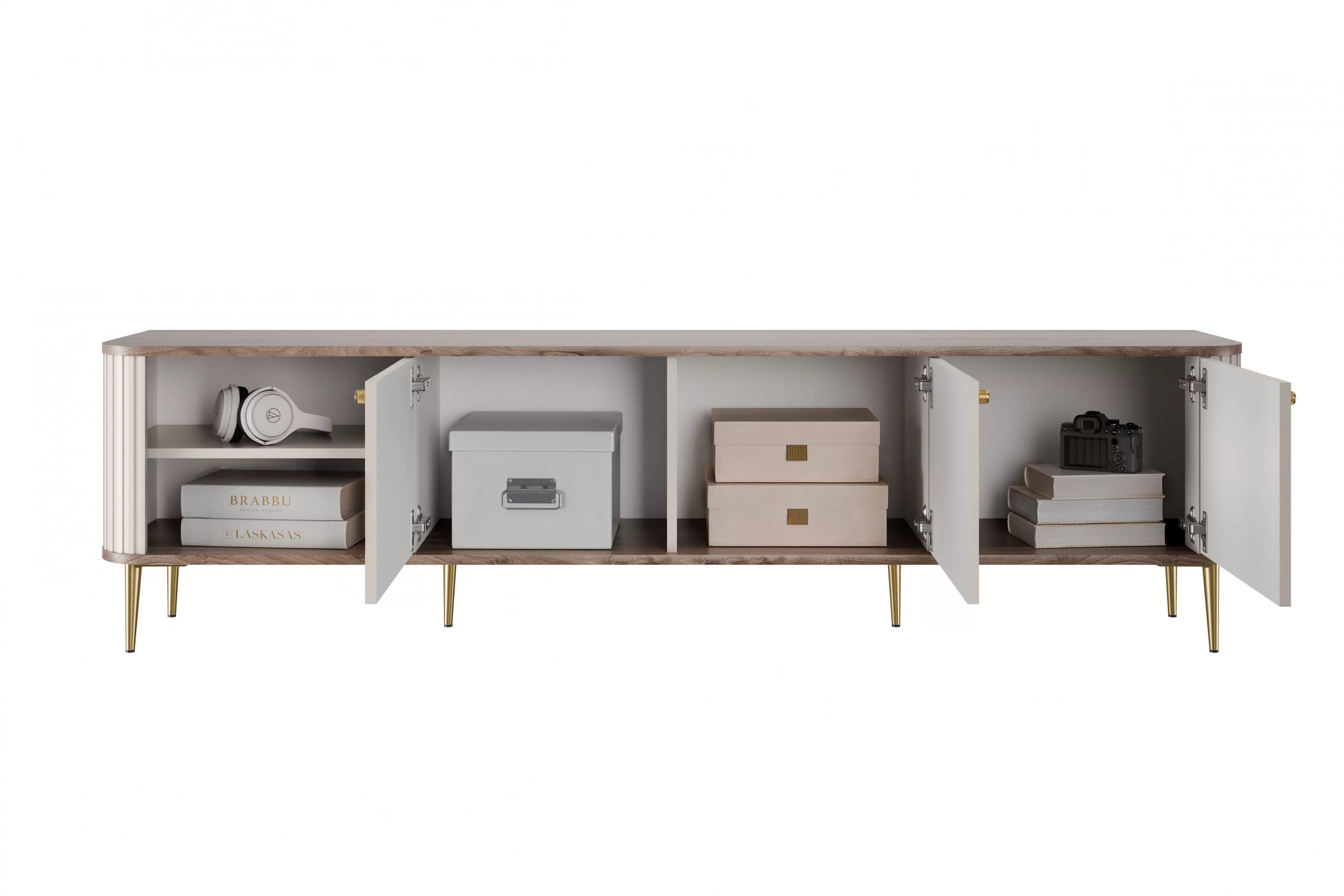 TV stolek Vesper 3D 187 cm - kašmírový / dekor ořech / zlaté nožky skříňka RTV Vesper 3D 187 cm - kašmír / ořech / zlote Nohy