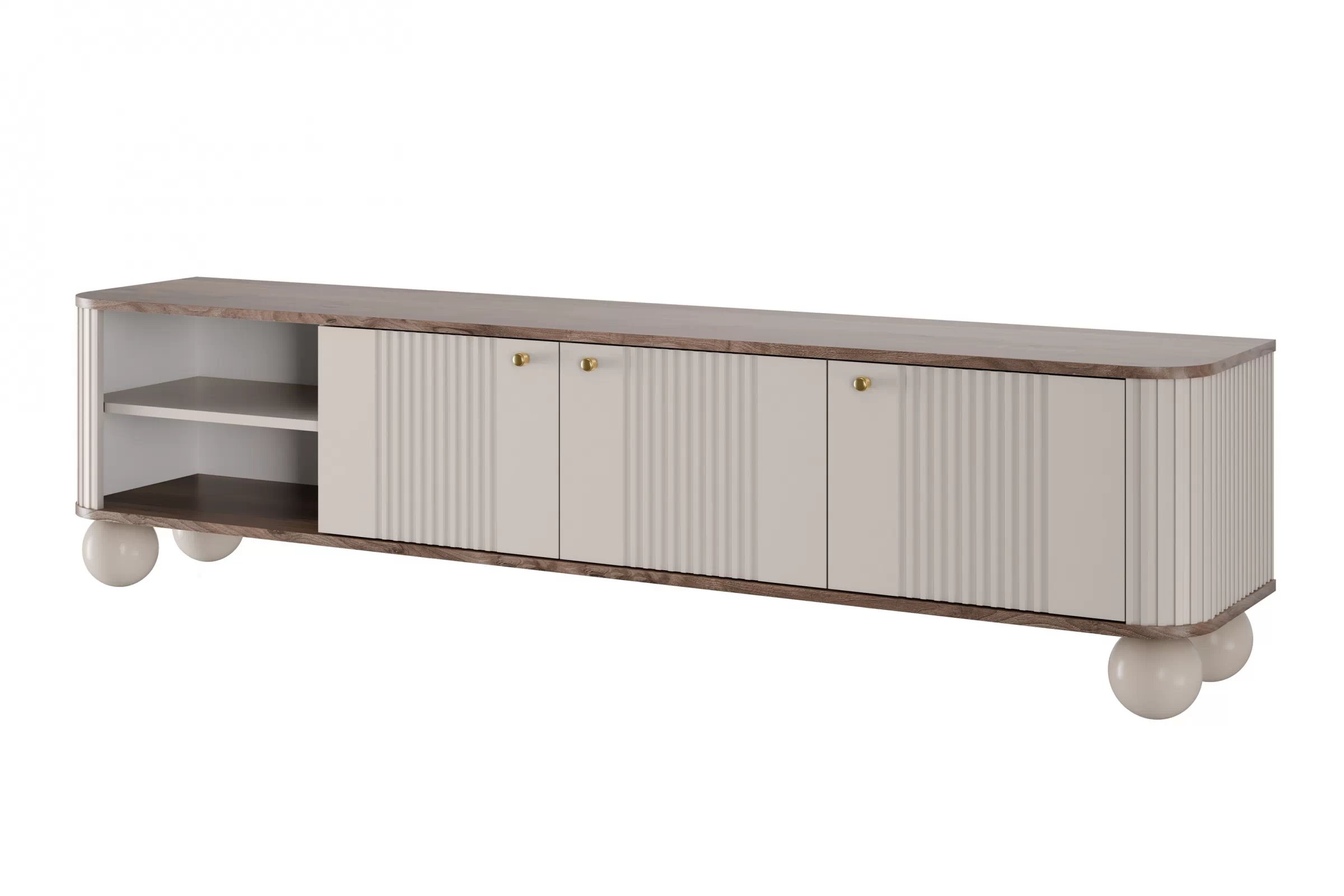 TV stolík Vesper 3D 187 cm - kašmír / orech / zlaté úchytky / guľaté nohy TV skrinka Vesper 3D 187 cm - kašmír / Orech / zlote úchyty / nožičky kule