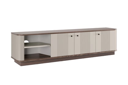 TV stolek Vesper 3D 187 cm na soklu - kašmír / ořech / černé úchyty