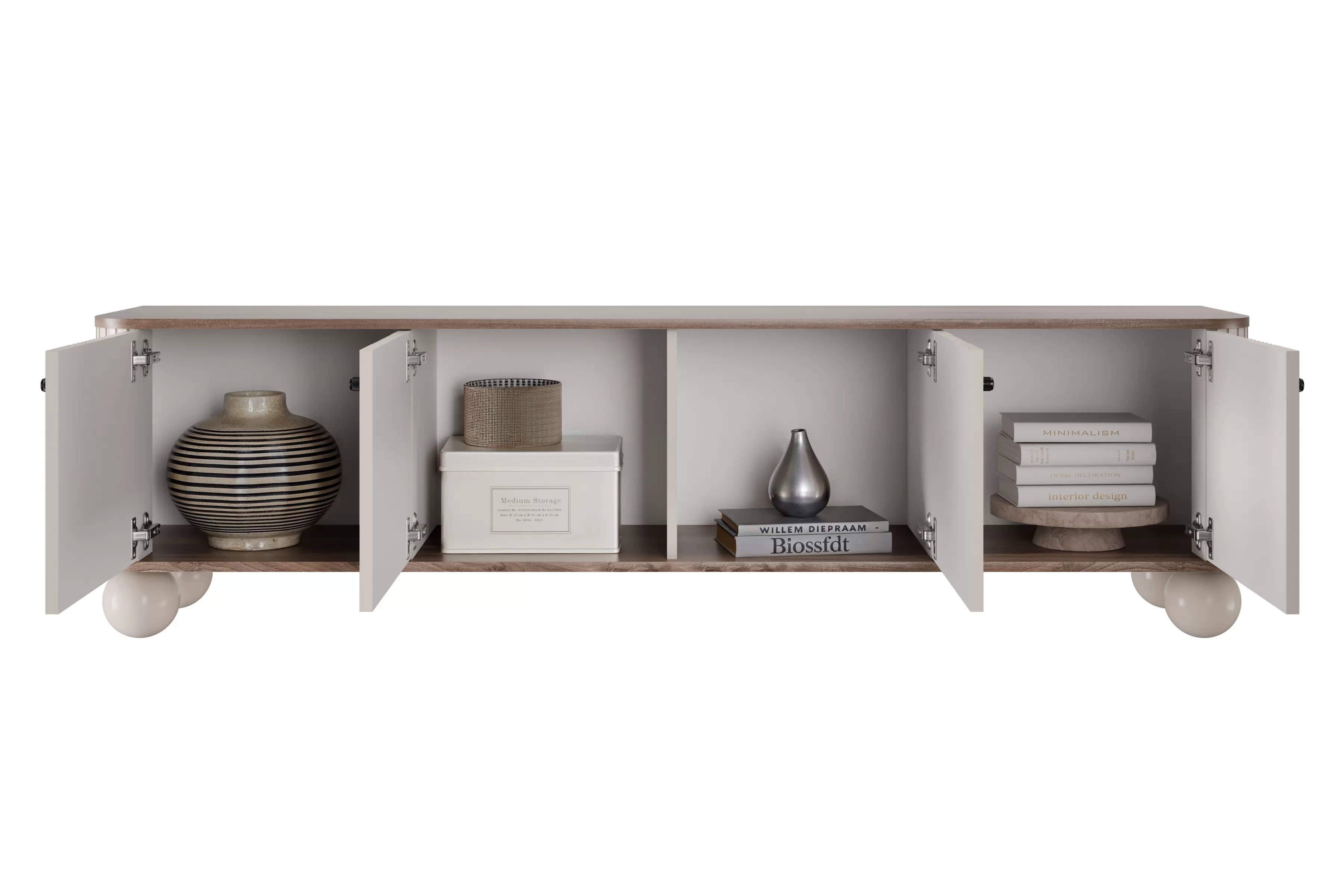 TV stolík Vespera 4D 187 cm - kašmírová / orech / čierna / kašmírové nohy TV skrinka Vesper 4D 187 cm - kašmír / Orech / čierny úchyty / nožičky kule