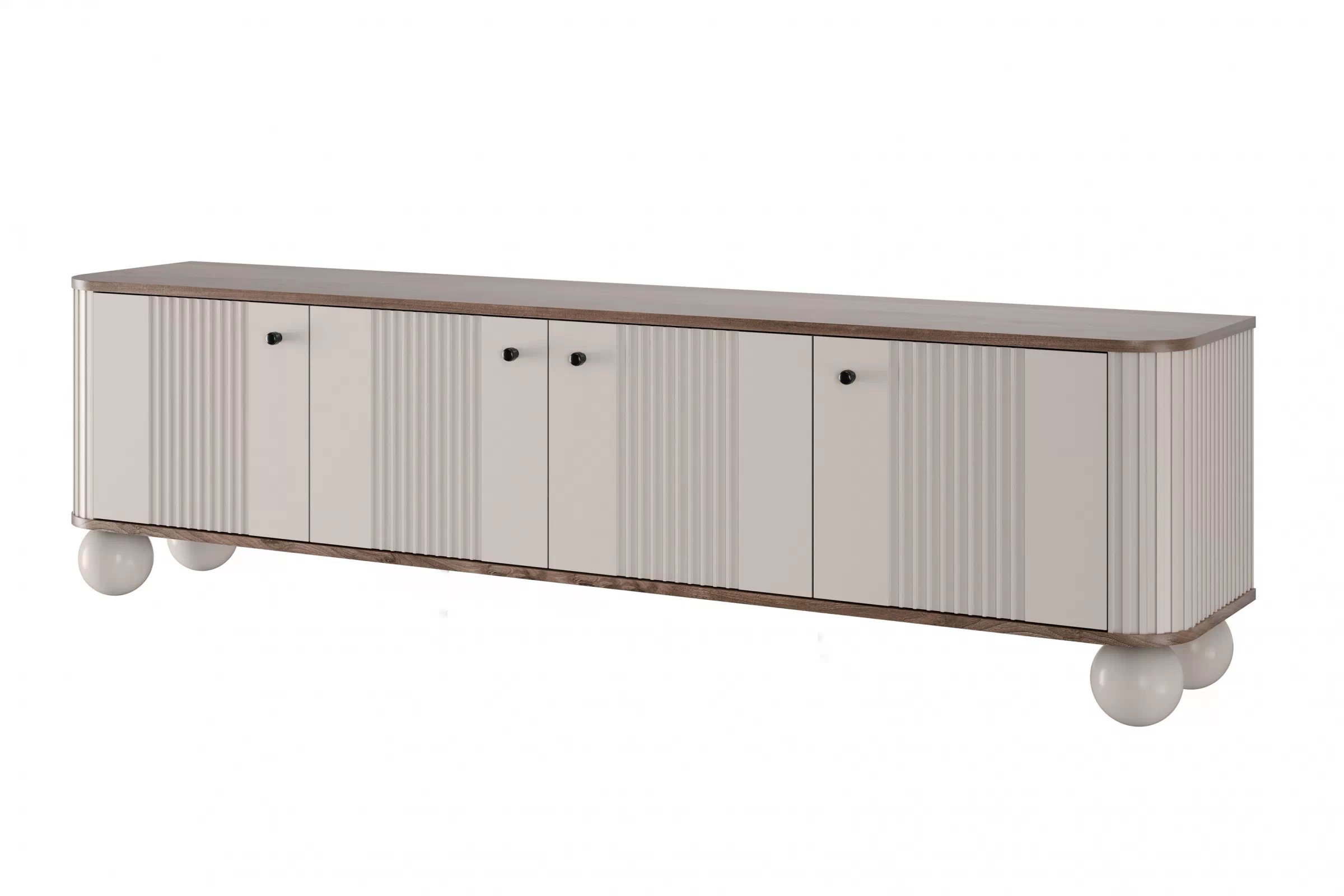 TV stolík Vespera 4D 187 cm - kašmírová / orech / čierna / kašmírové nohy TV skrinka Vesper 4D 187 cm - kašmír / Orech / čierny úchyty / nožičky kule