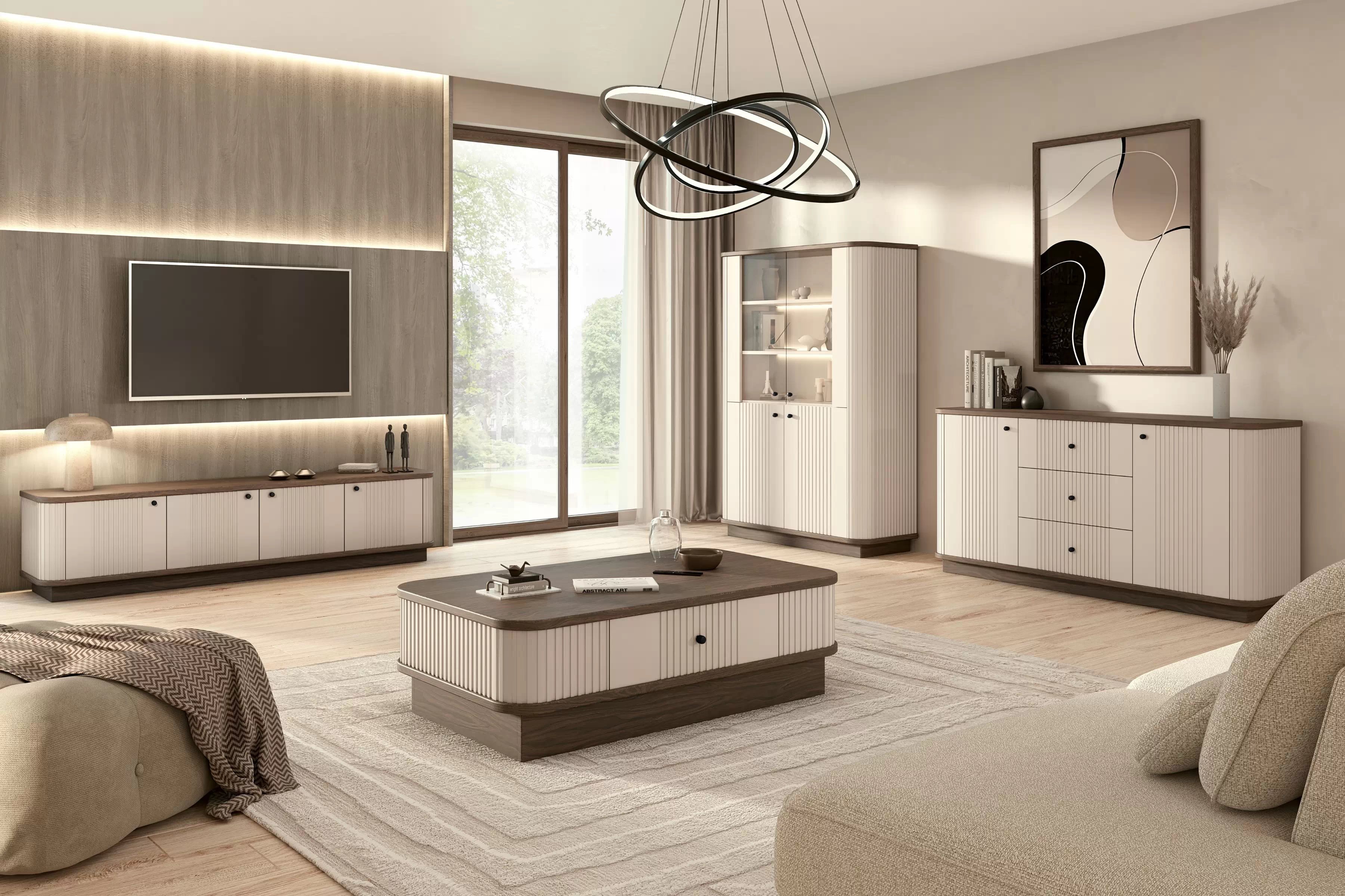 TV skrinka Vesper 4D 187 cm na sokli - kašmír / orech / čierne úchytky TV skrinka Vesper 4D 187 cm - kašmír / Orech / čierny úchyty